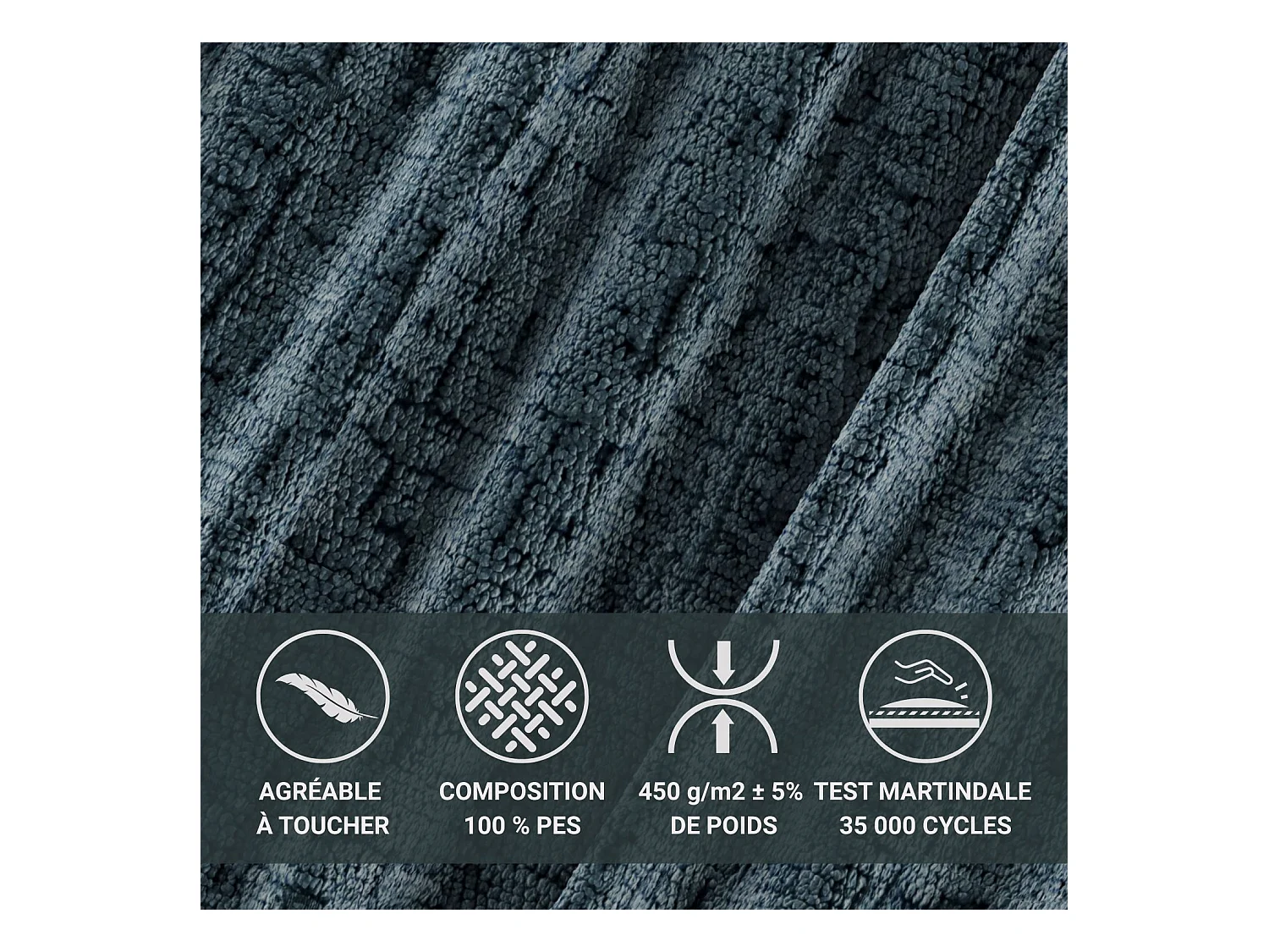 Lit coffre 200 x 200 cm avec tête de lit VOLIERA - en tissu chenille - bleu gris