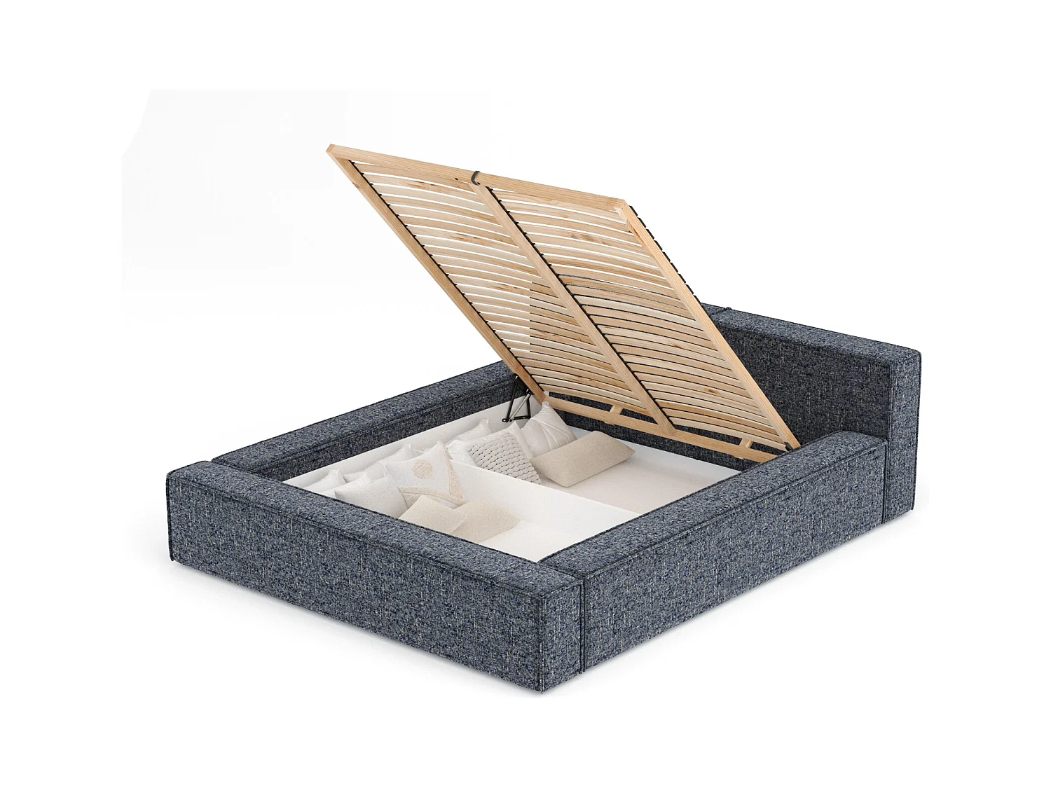 Lit coffre 180 x 200 cm avec tête de lit VOLIERA - en tissu tressé - bleu marine