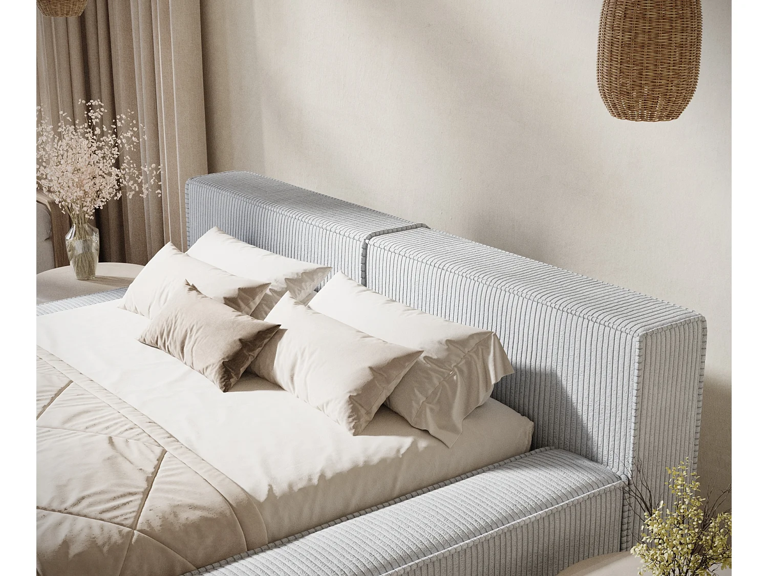 Lit coffre 200 x 200 cm avec tête de lit VOLIERA - en velours - gris clair