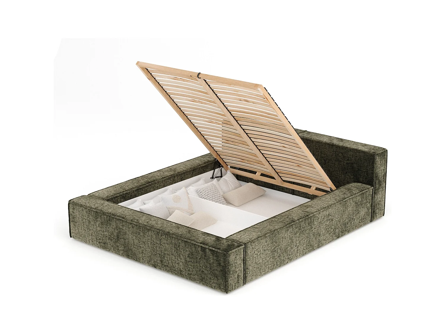 Lit coffre 180 x 200 cm avec tête de lit VOLIERA - en tissu chenille - vert olive