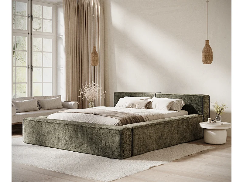 Lit coffre 180 x 200 cm avec tête de lit VOLIERA - en tissu chenille - vert olive