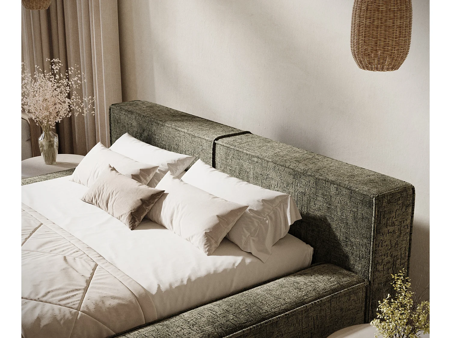 Lit coffre 200 x 200 cm avec tête de lit VOLIERA - en tissu chenille - vert olive