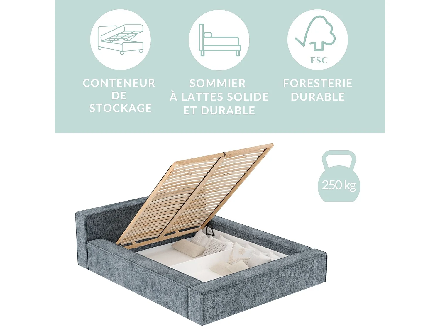 Lit coffre 200 x 200 cm avec tête de lit VOLIERA - en tissu chenille - vert olive