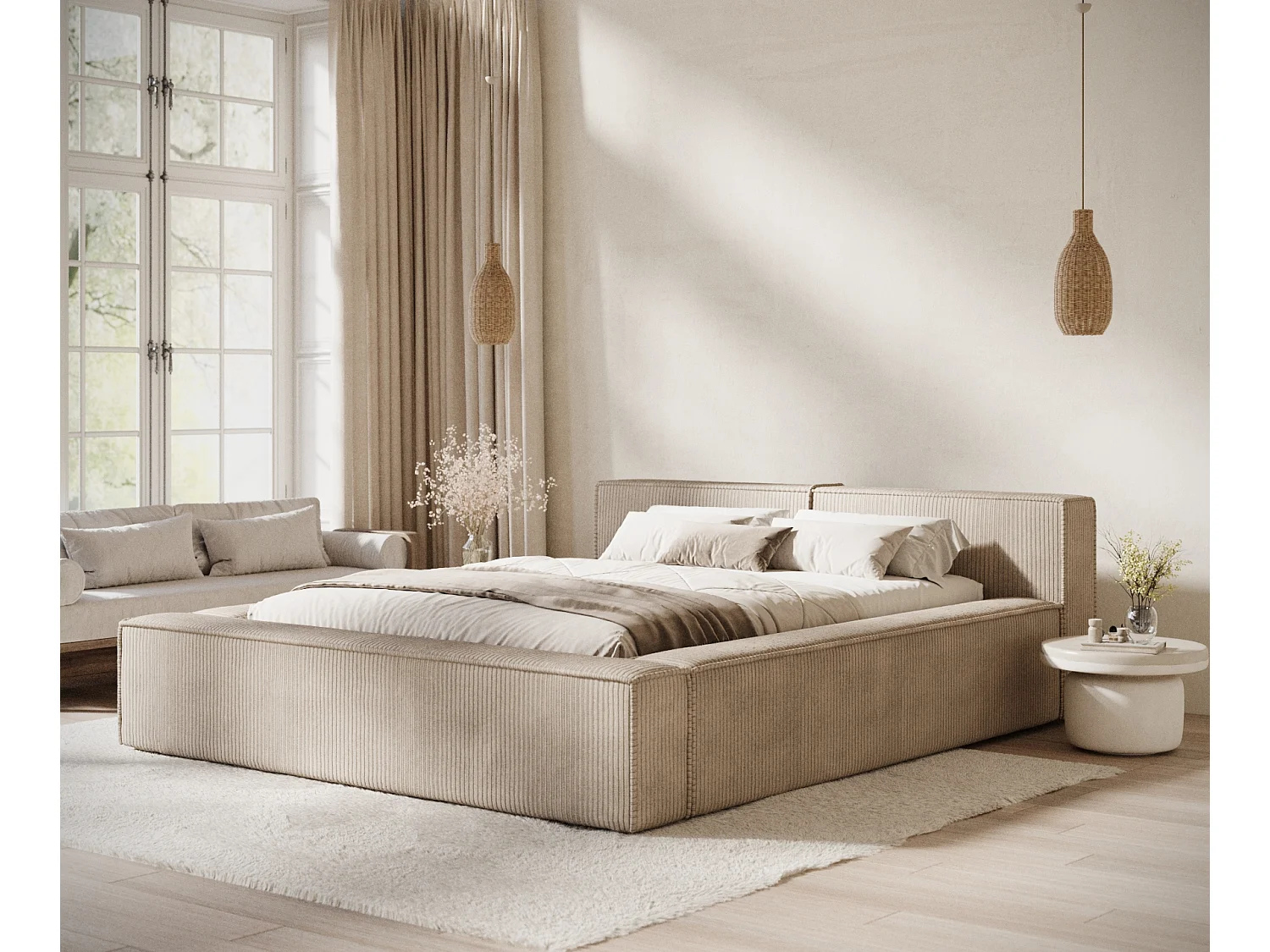 Lit coffre 140 x 200 cm avec tête de lit VOLIERA - en velours - beige foncé