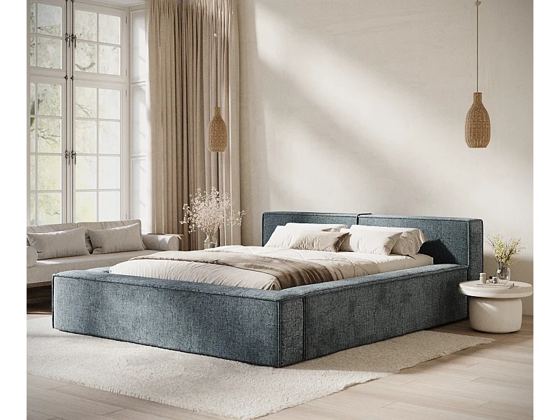 Lit coffre 180 x 200 cm avec tête de lit VOLIERA - en tissu chenille - gris