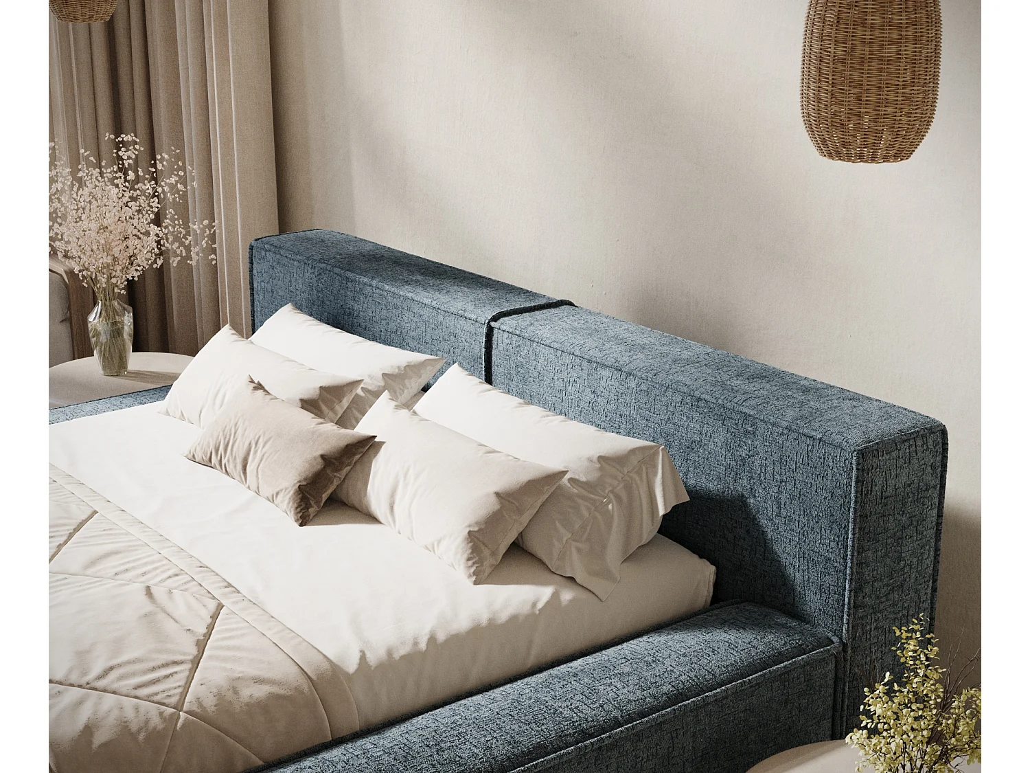 Lit coffre 180 x 200 cm avec tête de lit VOLIERA - en tissu chenille - gris