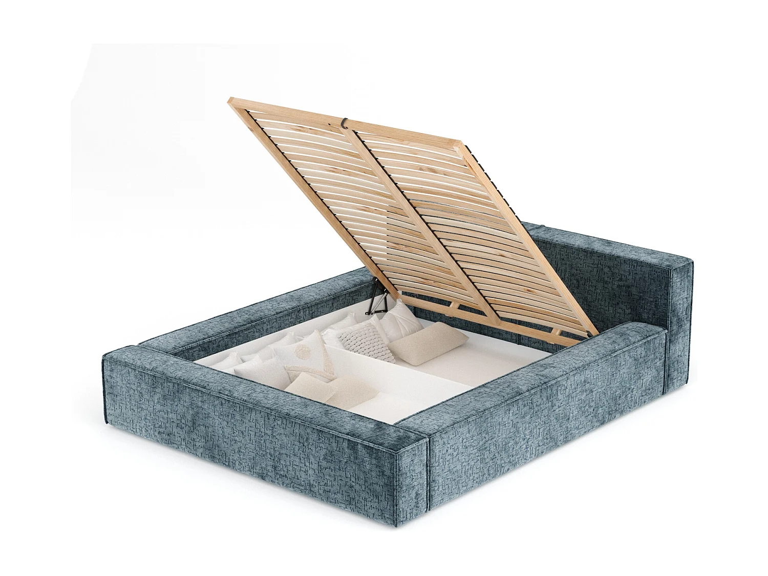 Lit coffre 140 x 200 cm avec tête de lit VOLIERA - en tissu chenille - bleu gris