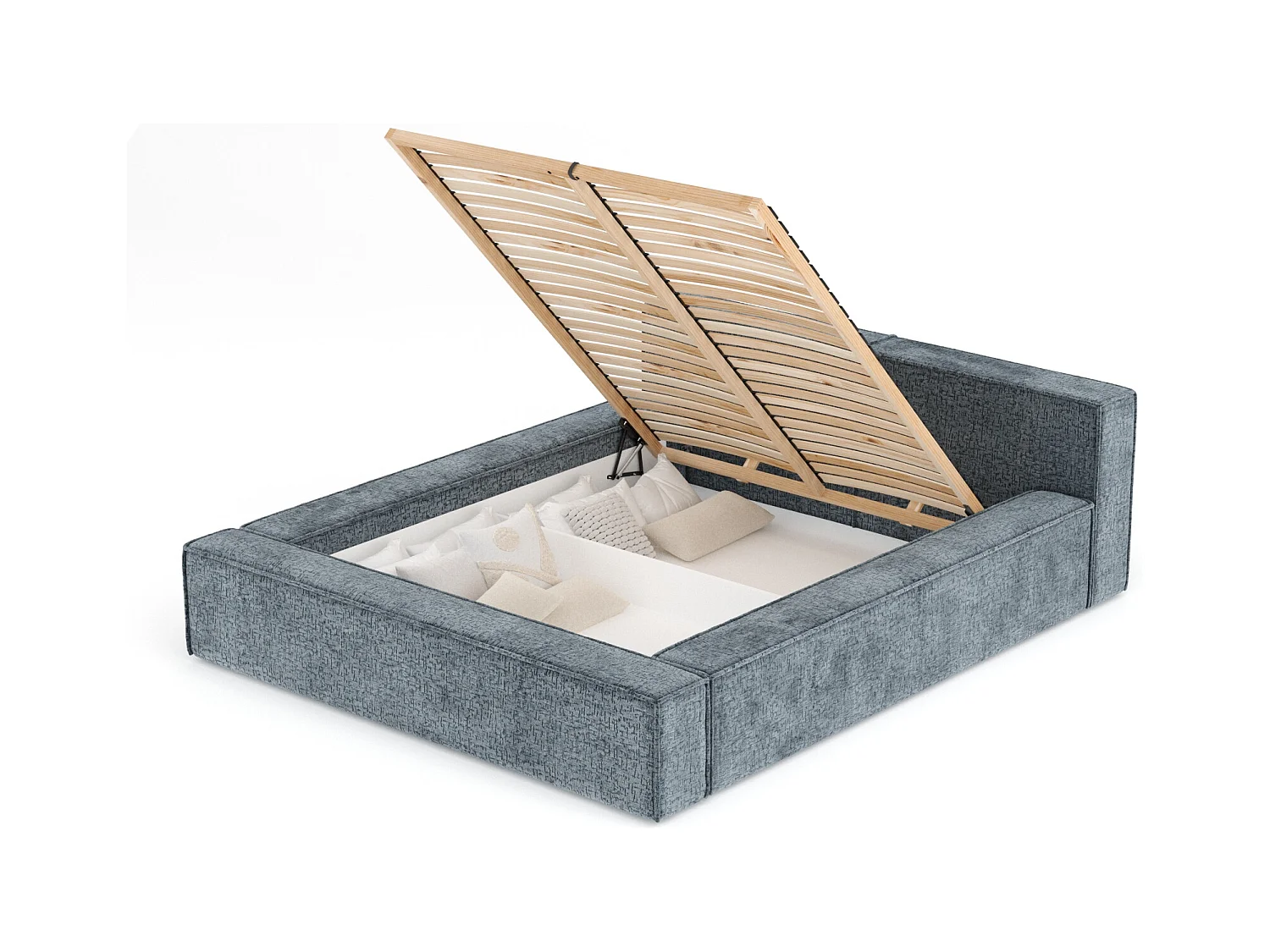 Lit coffre 160 x 200 cm avec tête de lit VOLIERA - en tissu chenille - gris