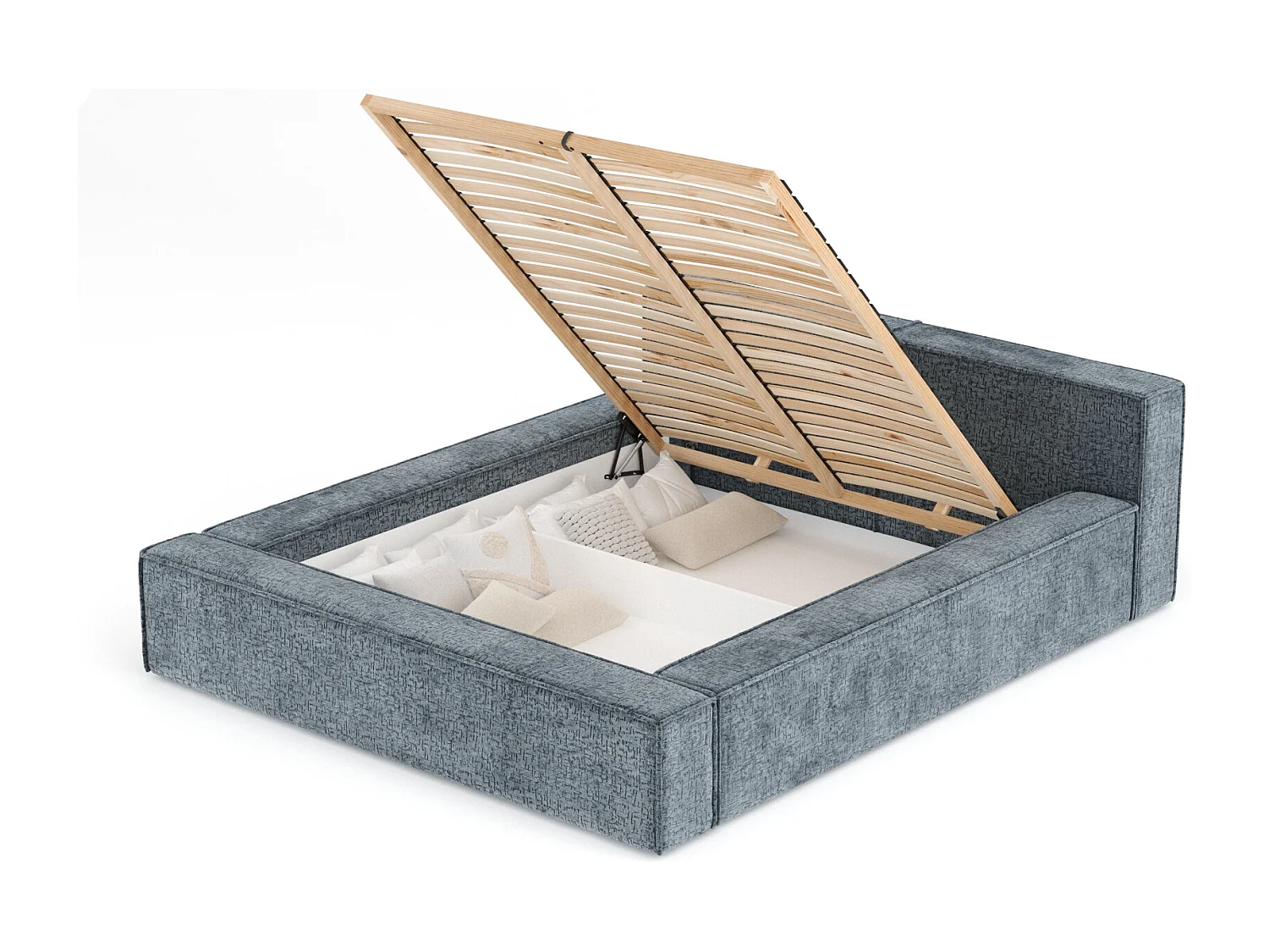 Lit coffre 160 x 200 cm avec tête de lit VOLIERA - en tissu chenille - gris