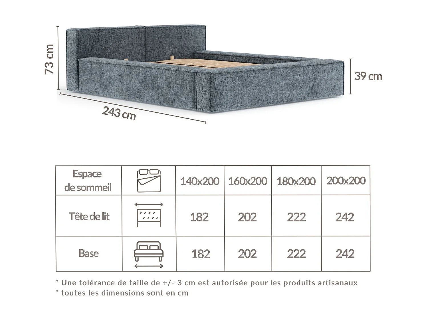 Lit coffre 160 x 200 cm avec tête de lit VOLIERA - en tissu chenille - gris