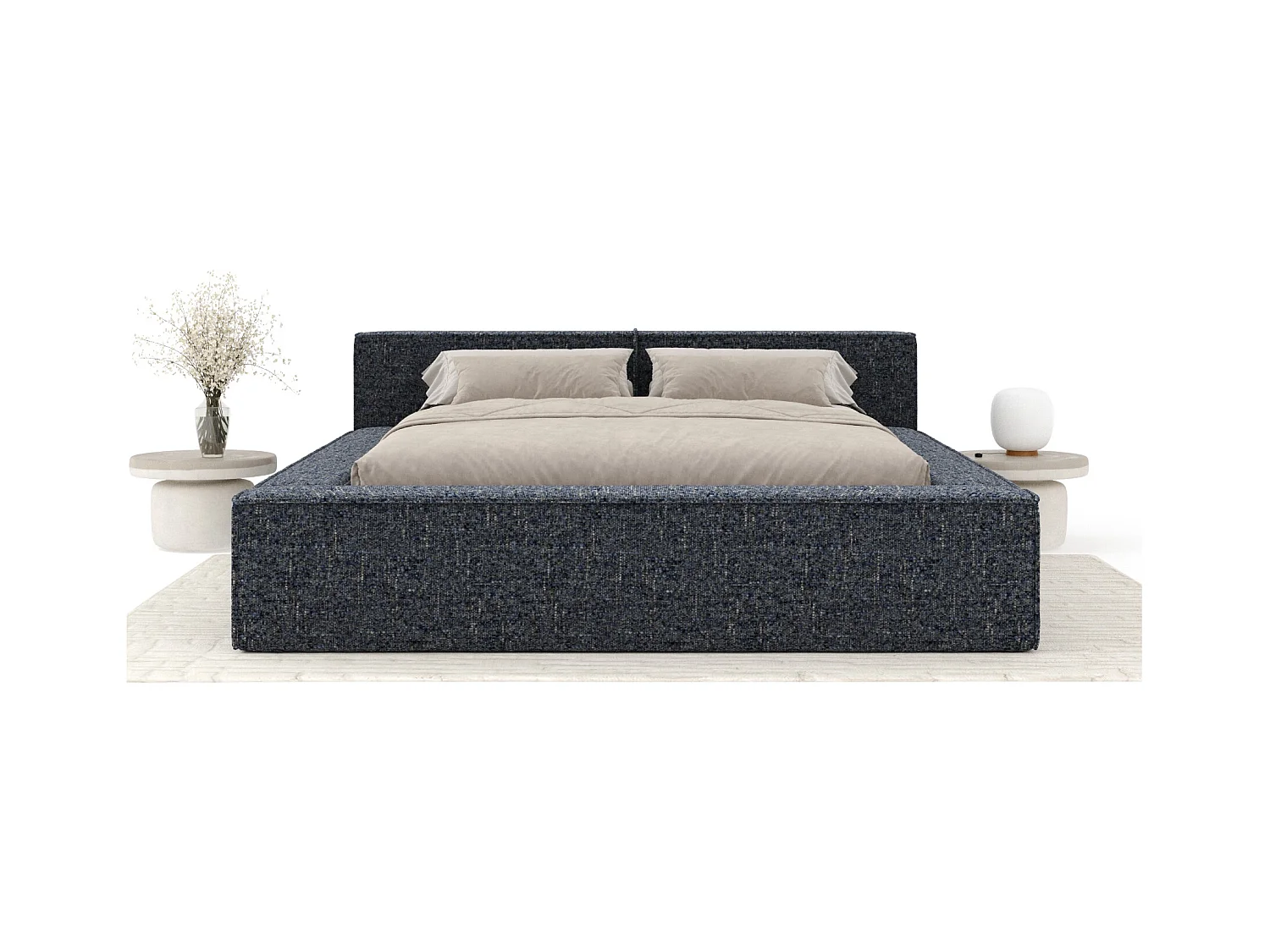 Lit coffre 200 x 200 cm avec tête de lit VOLIERA - en tissu tressé - bleu marine