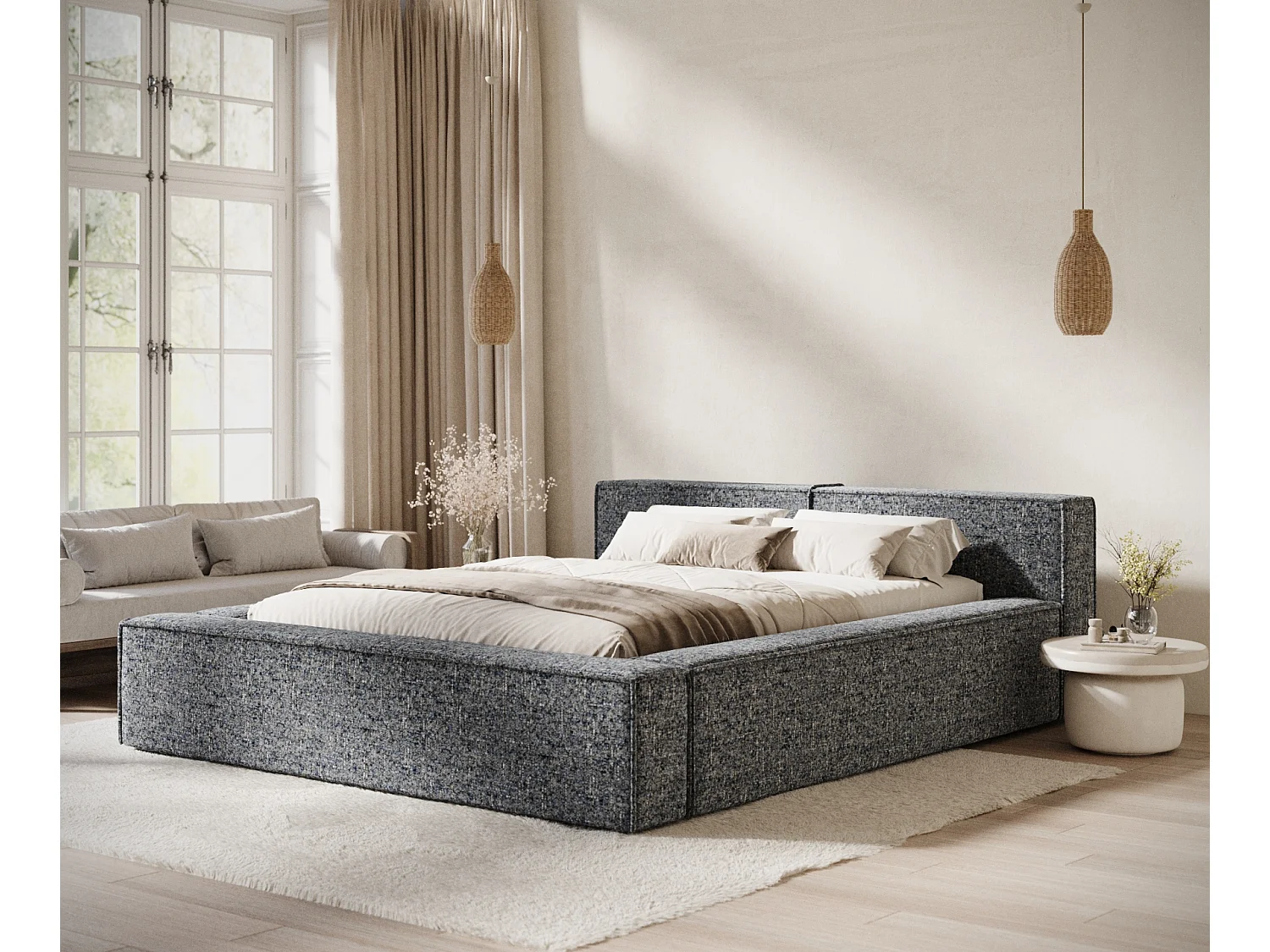 Lit coffre 200 x 200 cm avec tête de lit VOLIERA - en tissu tressé - bleu marine