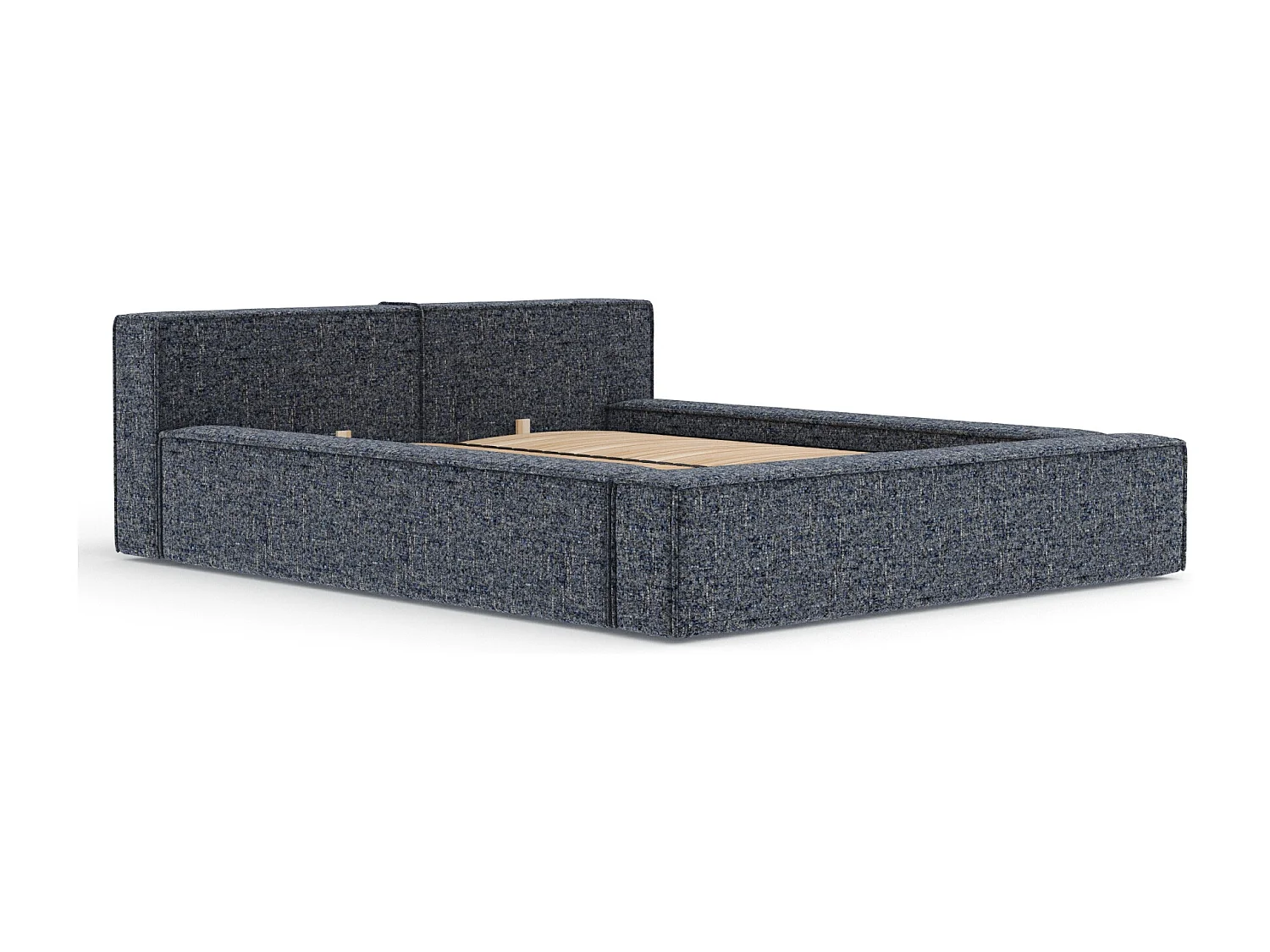 Lit coffre 200 x 200 cm avec tête de lit VOLIERA - en tissu tressé - bleu marine