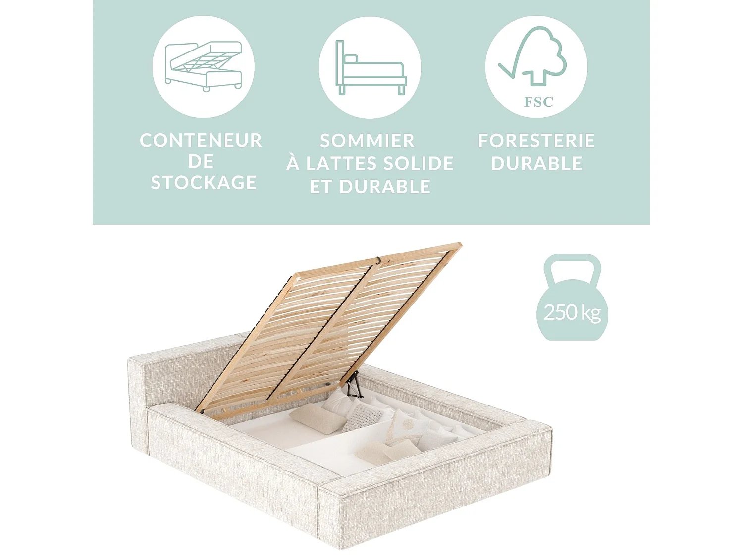 Lit coffre 200 x 200 cm avec tête de lit VOLIERA - en tissu tressé - bleu marine