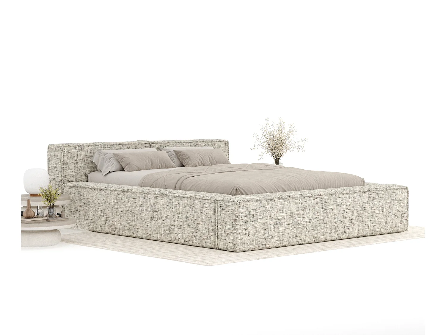 Lit coffre 200 x 200 cm avec tête de lit VOLIERA - en tissu tressé - beige