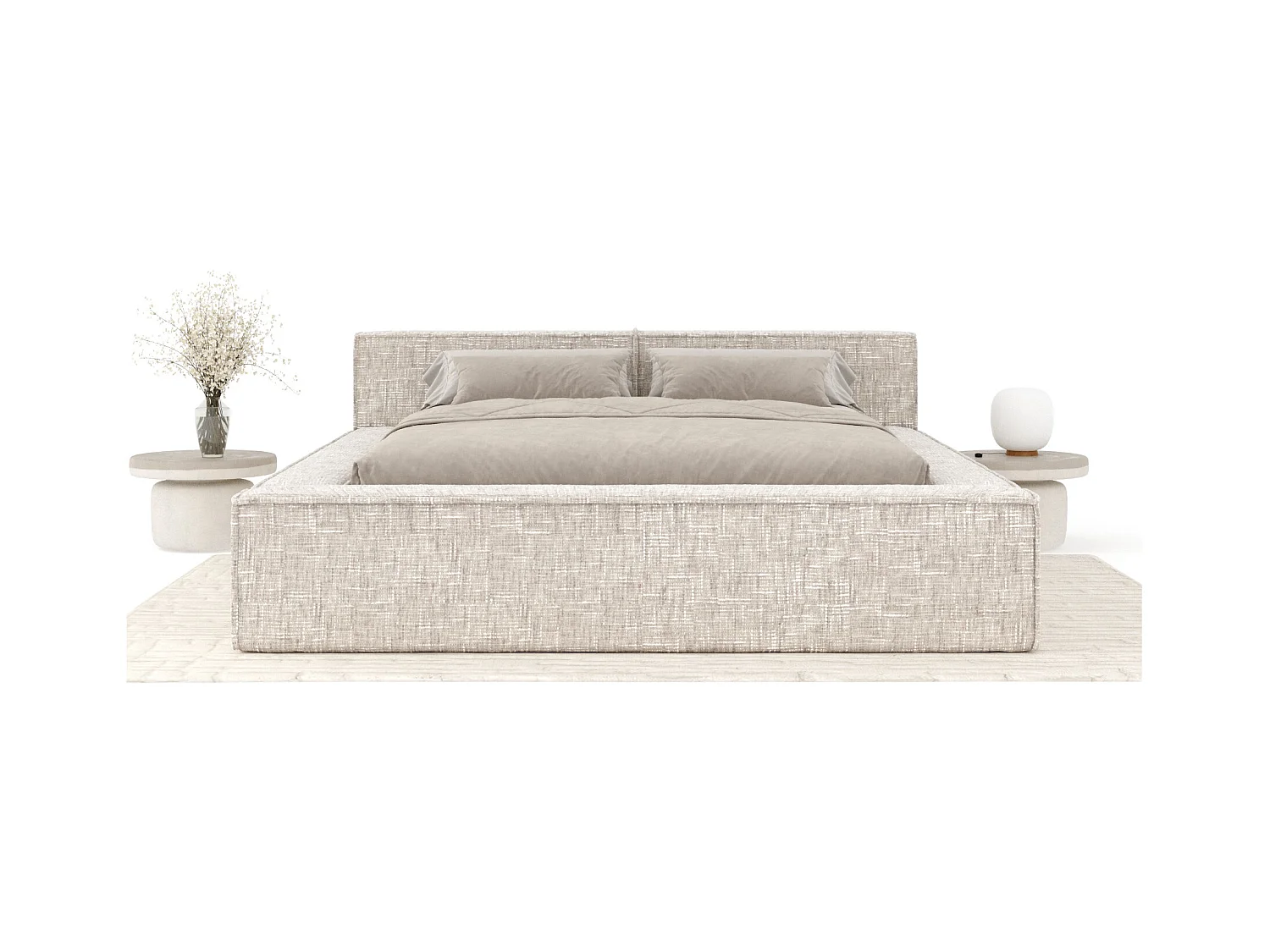 Lit coffre 160 x 200 cm avec tête de lit VOLIERA - en tissu tressé - creme