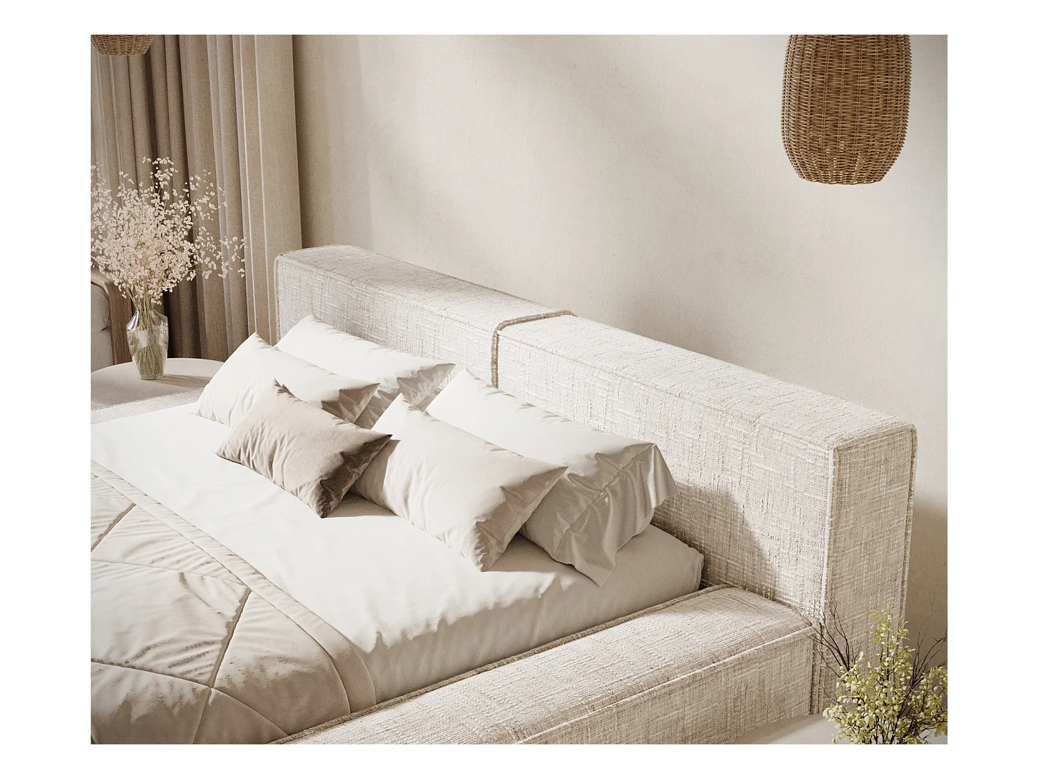 Lit coffre 160 x 200 cm avec tête de lit VOLIERA - en tissu tressé - creme