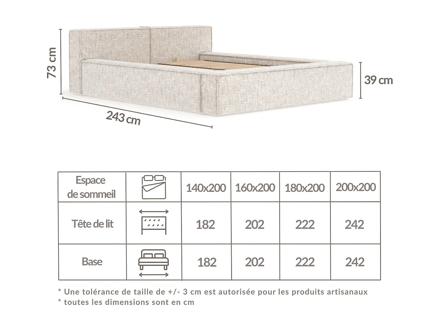 Lit coffre 160 x 200 cm avec tête de lit VOLIERA - en tissu tressé - creme