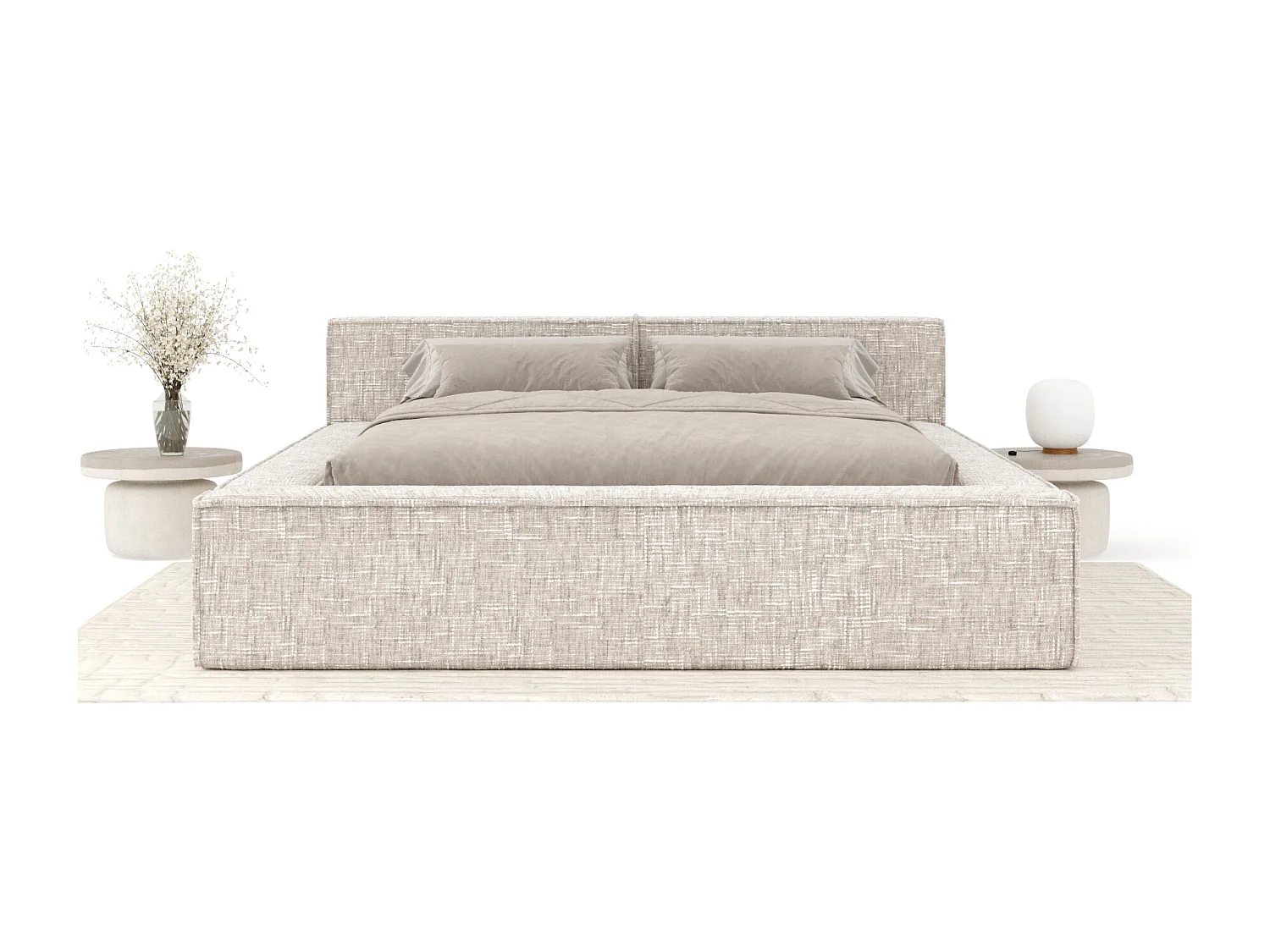 Lit coffre 160 x 200 cm avec tête de lit VOLIERA - en tissu tressé - creme