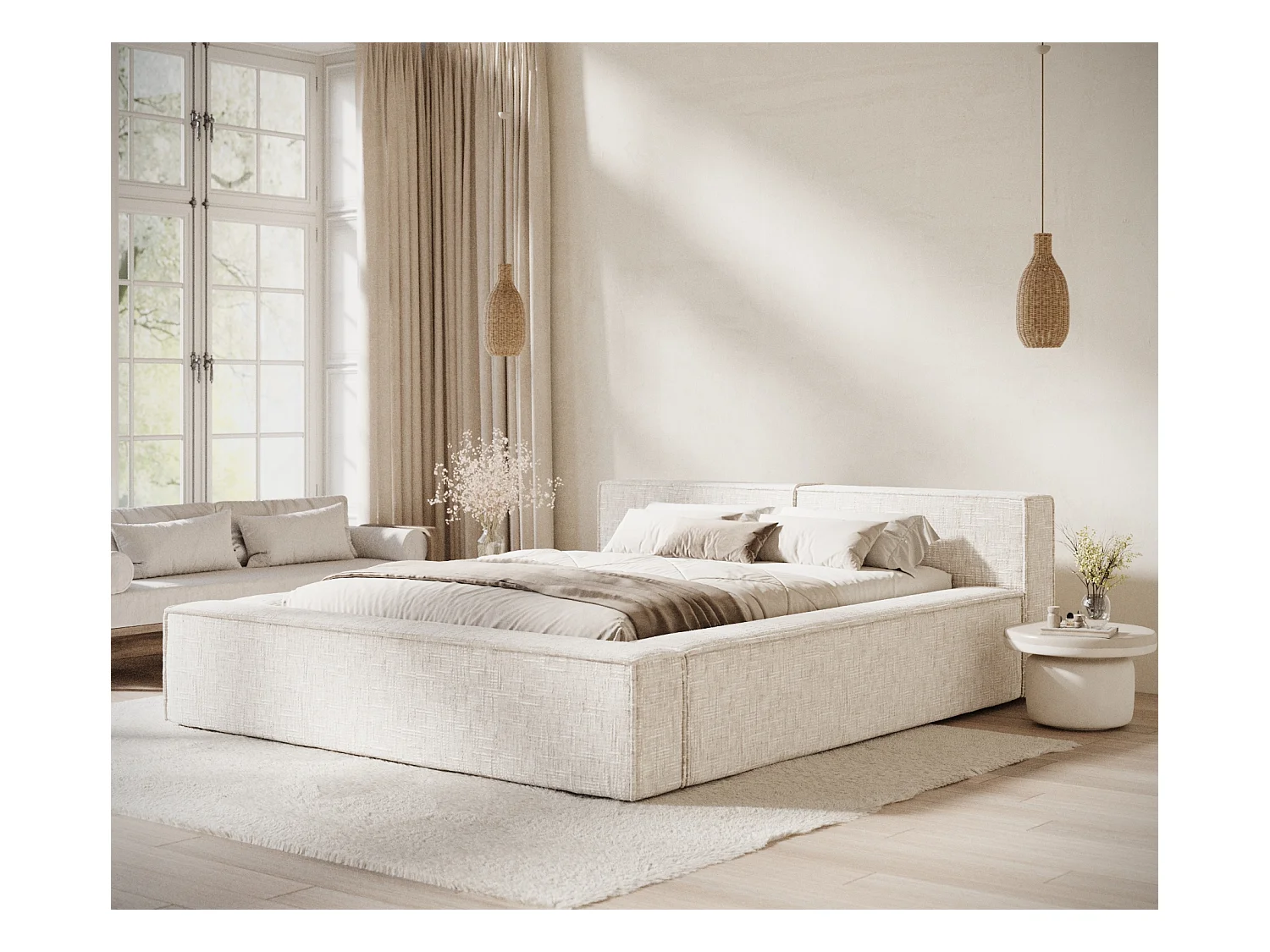 Lit coffre 180 x 200 cm avec tête de lit VOLIERA - en tissu tressé - creme