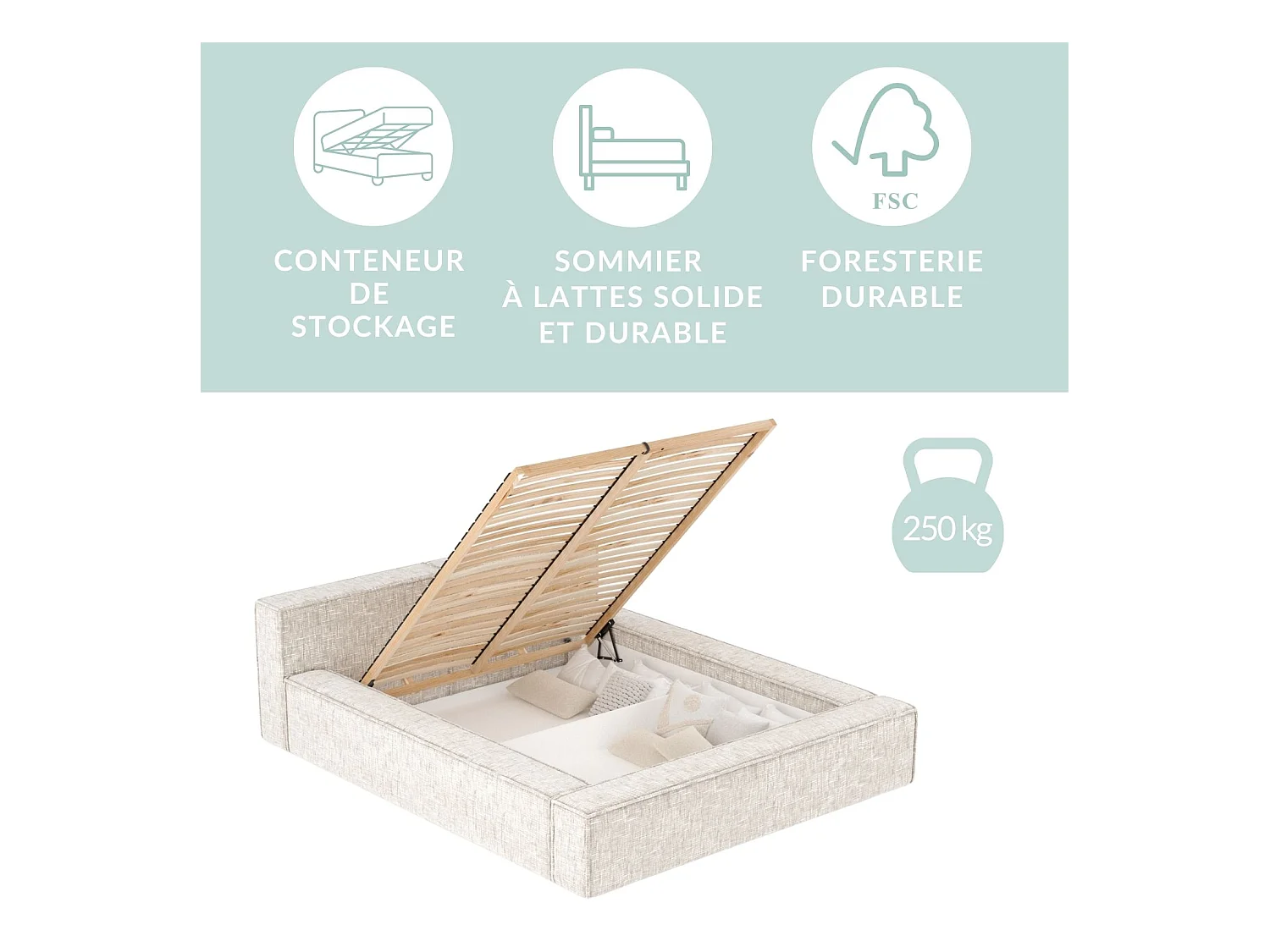 Lit coffre 180 x 200 cm avec tête de lit VOLIERA - en tissu tressé - creme