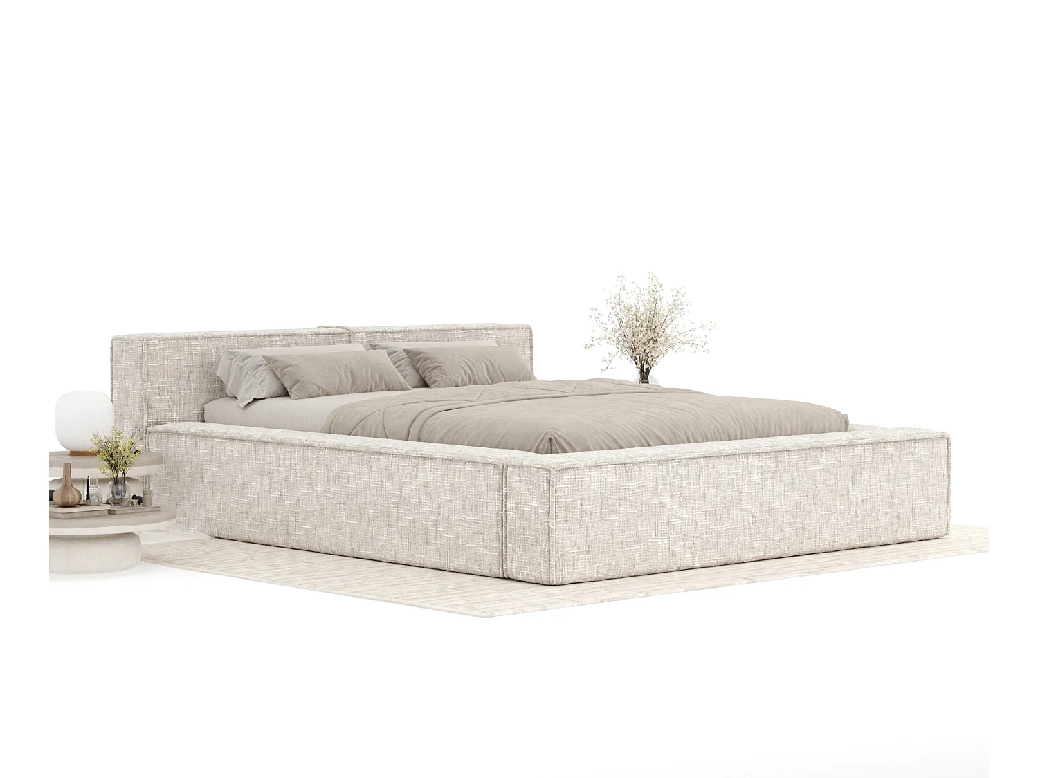 Lit coffre 180 x 200 cm avec tête de lit VOLIERA - en tissu tressé - creme