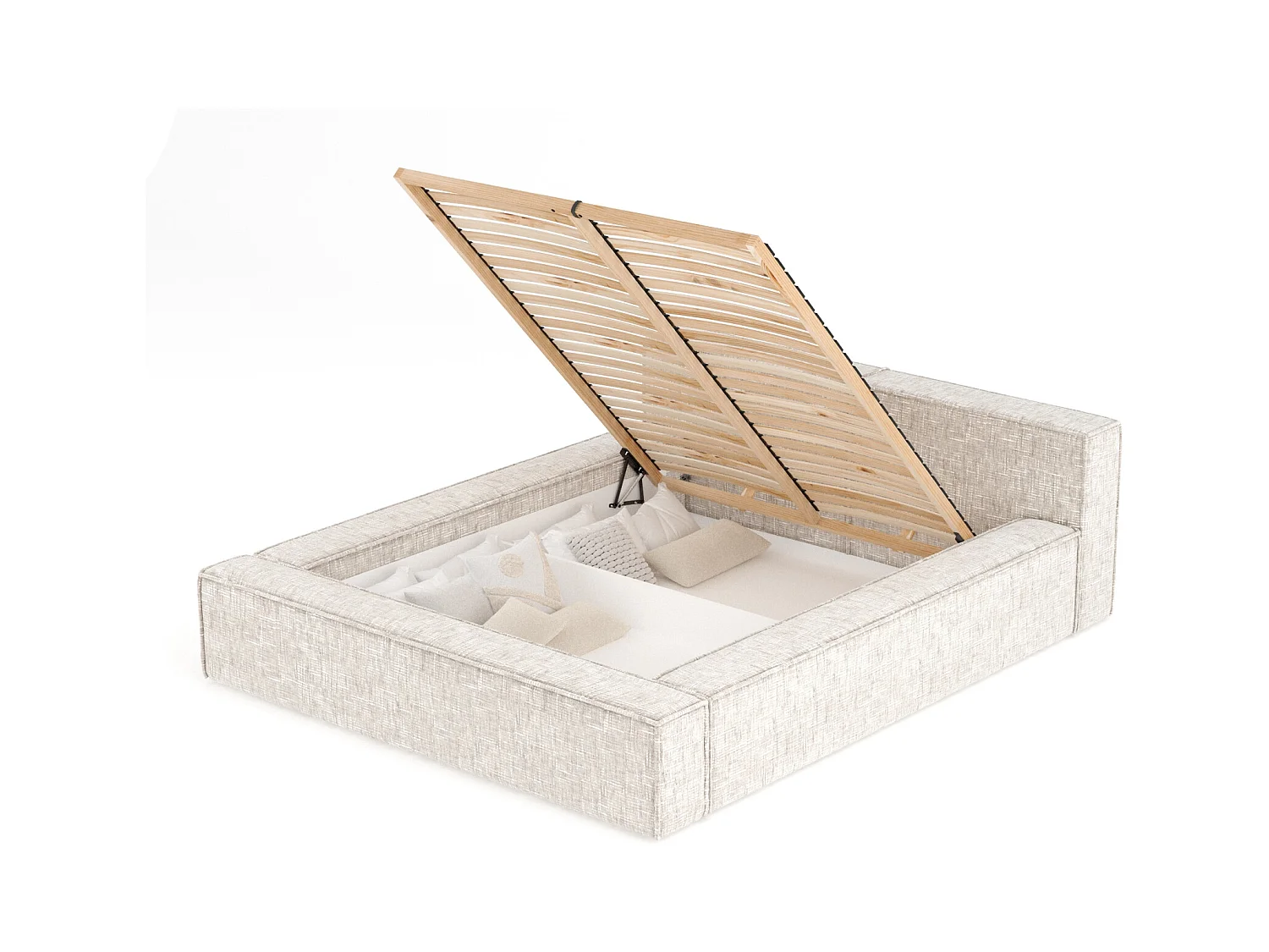 Lit coffre 140 x 200 cm avec tête de lit VOLIERA - en tissu tressé - creme