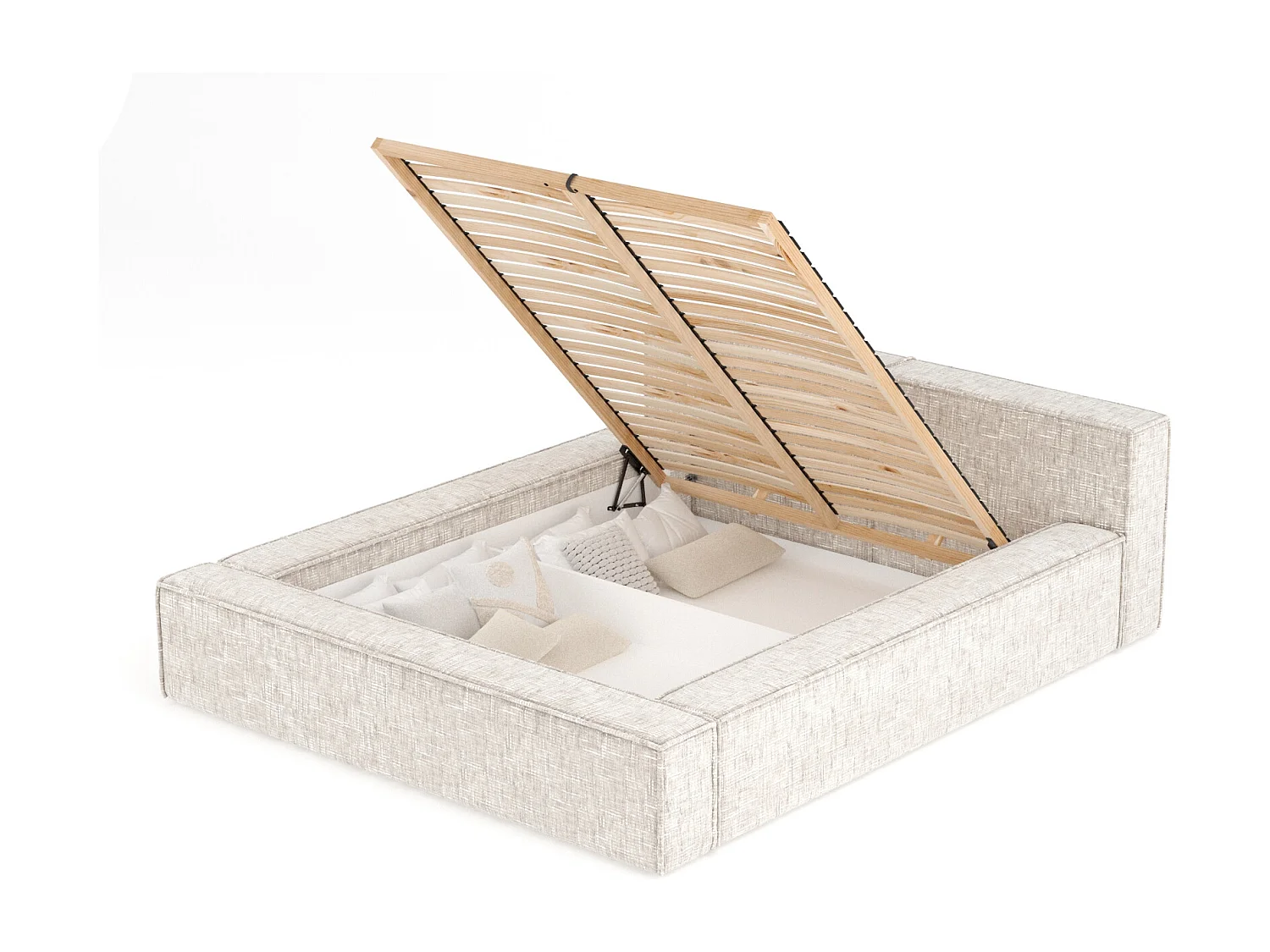 Lit coffre 140 x 200 cm avec tête de lit VOLIERA - en tissu tressé - creme