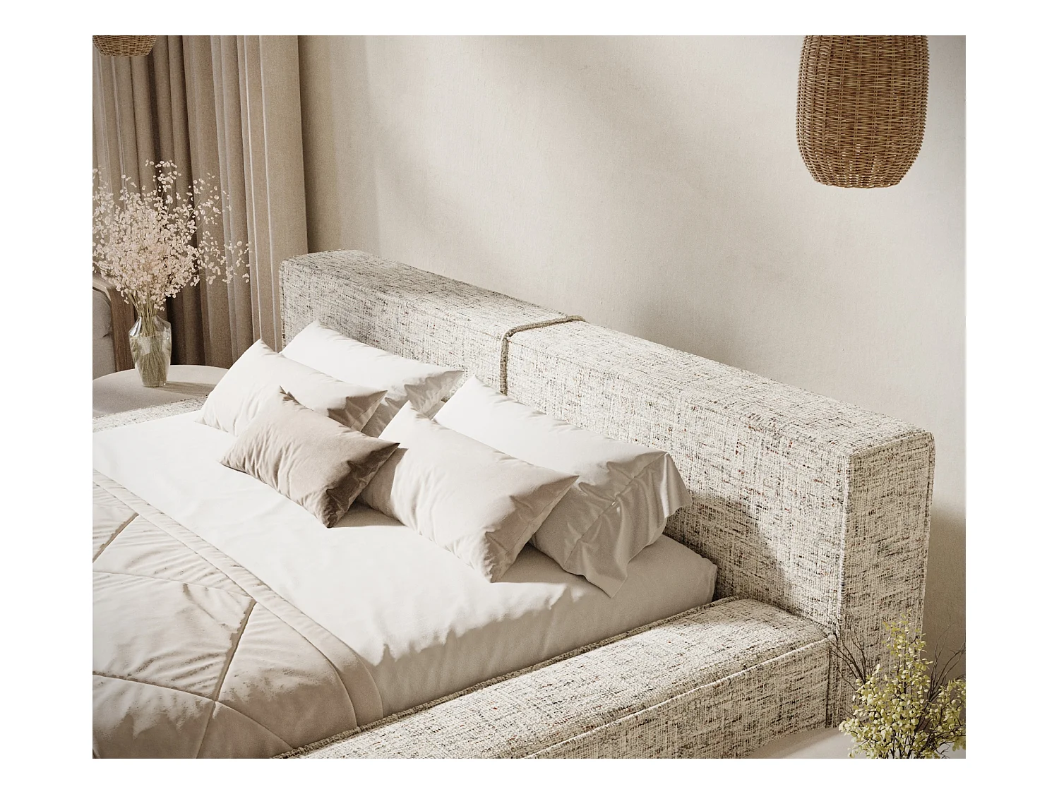 Lit coffre 140 x 200 cm avec tête de lit VOLIERA - en tissu tressé - beige