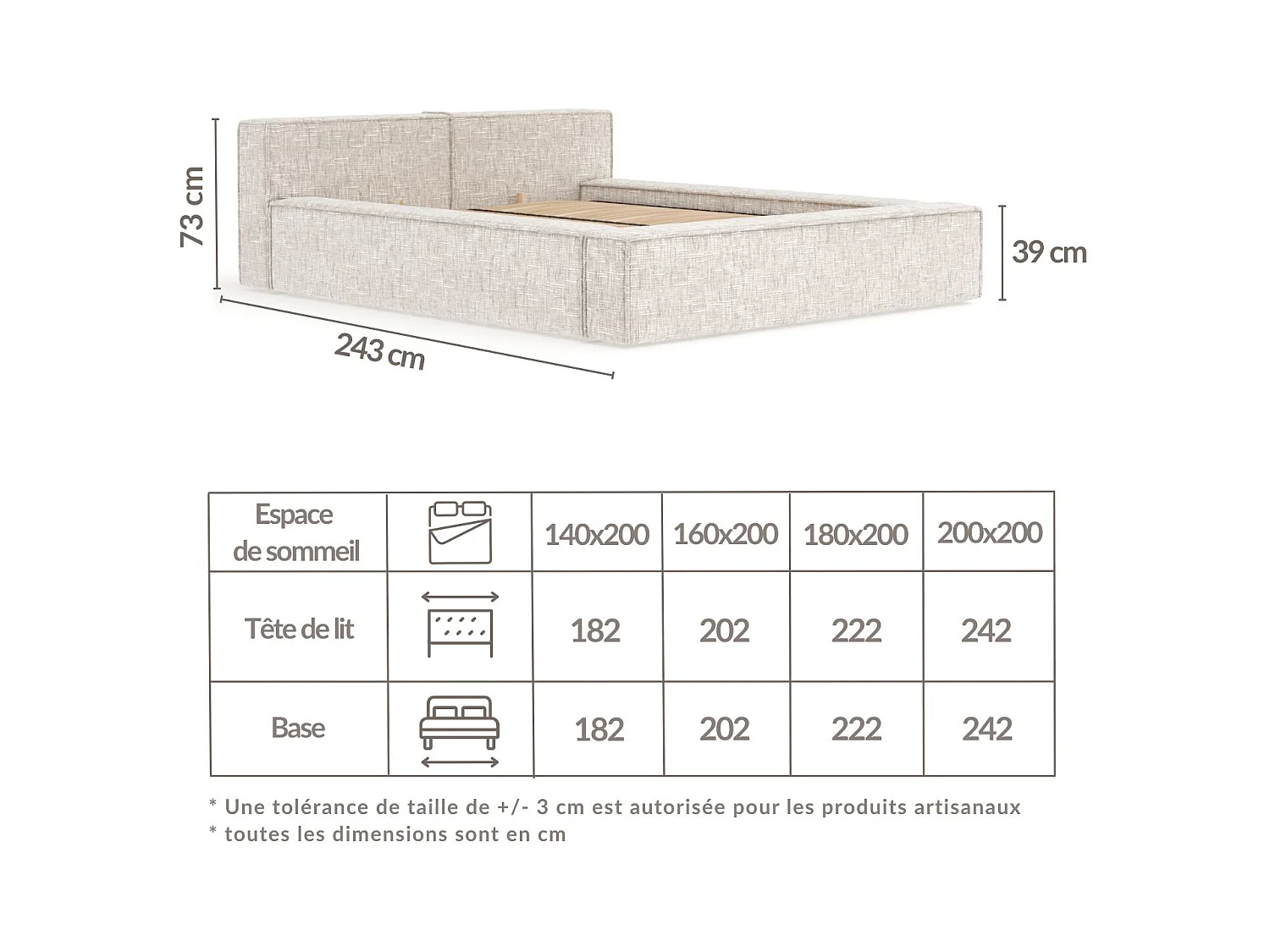 Lit coffre 140 x 200 cm avec tête de lit VOLIERA - en tissu tressé - beige