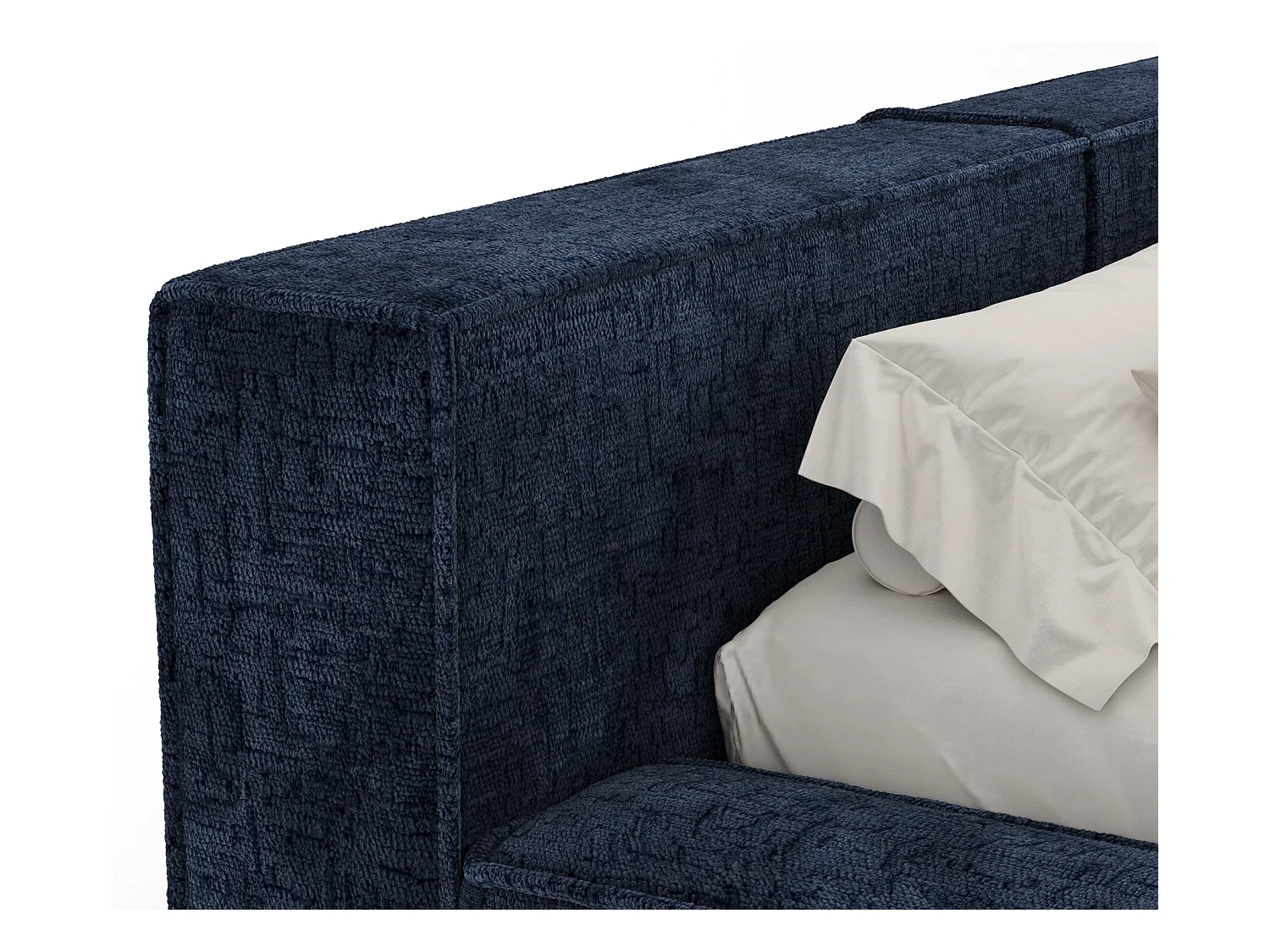 Lit coffre 160 x 200 cm avec tête de lit VOLIERA - en tissu chenille - bleu marine