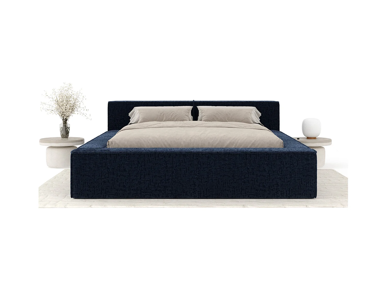 Lit coffre 160 x 200 cm avec tête de lit VOLIERA - en tissu chenille - bleu marine