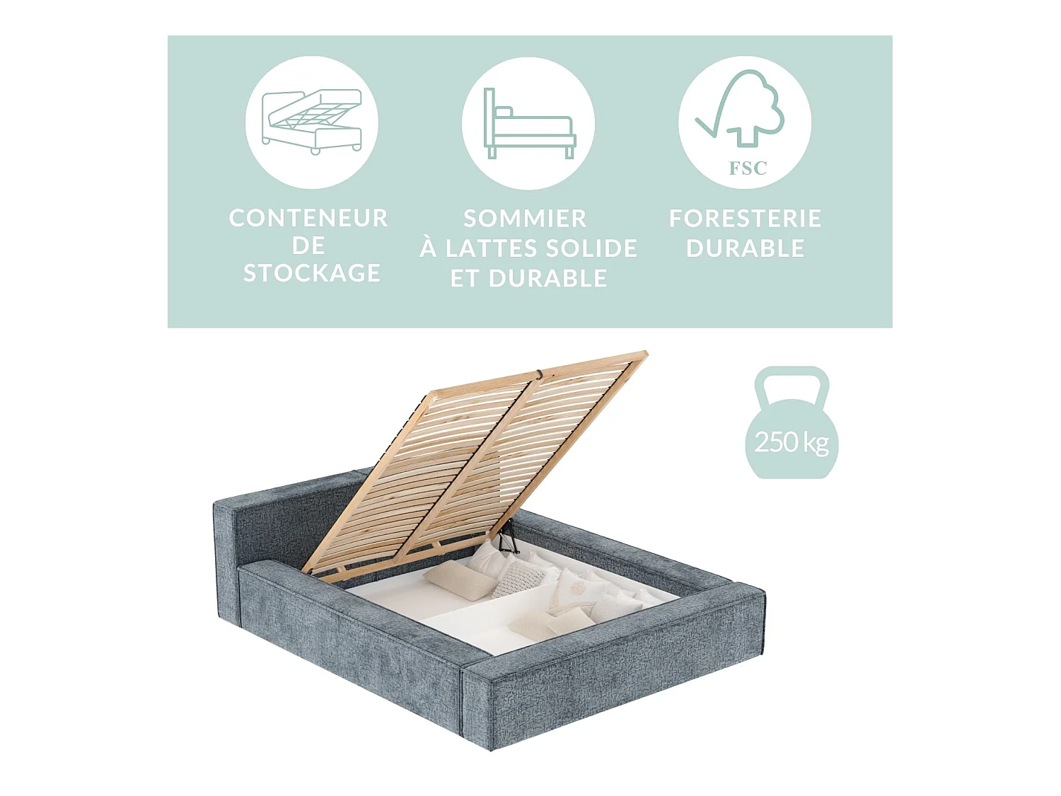 Lit coffre 160 x 200 cm avec tête de lit VOLIERA - en tissu chenille - bleu marine