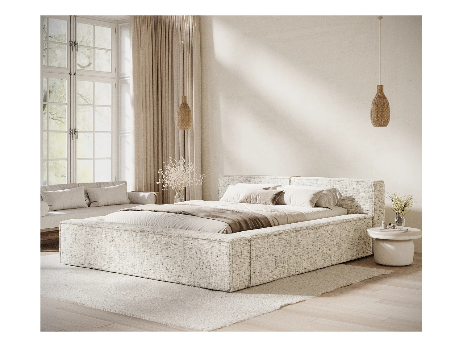 Lit coffre 180 x 200 cm avec tête de lit VOLIERA - en tissu tressé - beige