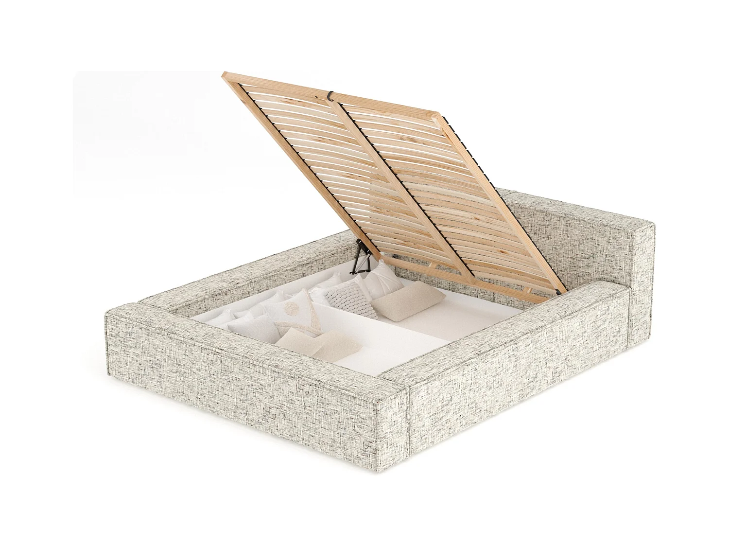 Lit coffre 180 x 200 cm avec tête de lit VOLIERA - en tissu tressé - beige