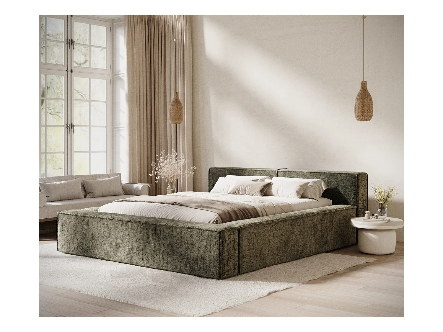 Lit coffre 160 x 200 cm avec tête de lit VOLIERA - en tissu chenille - vert olive