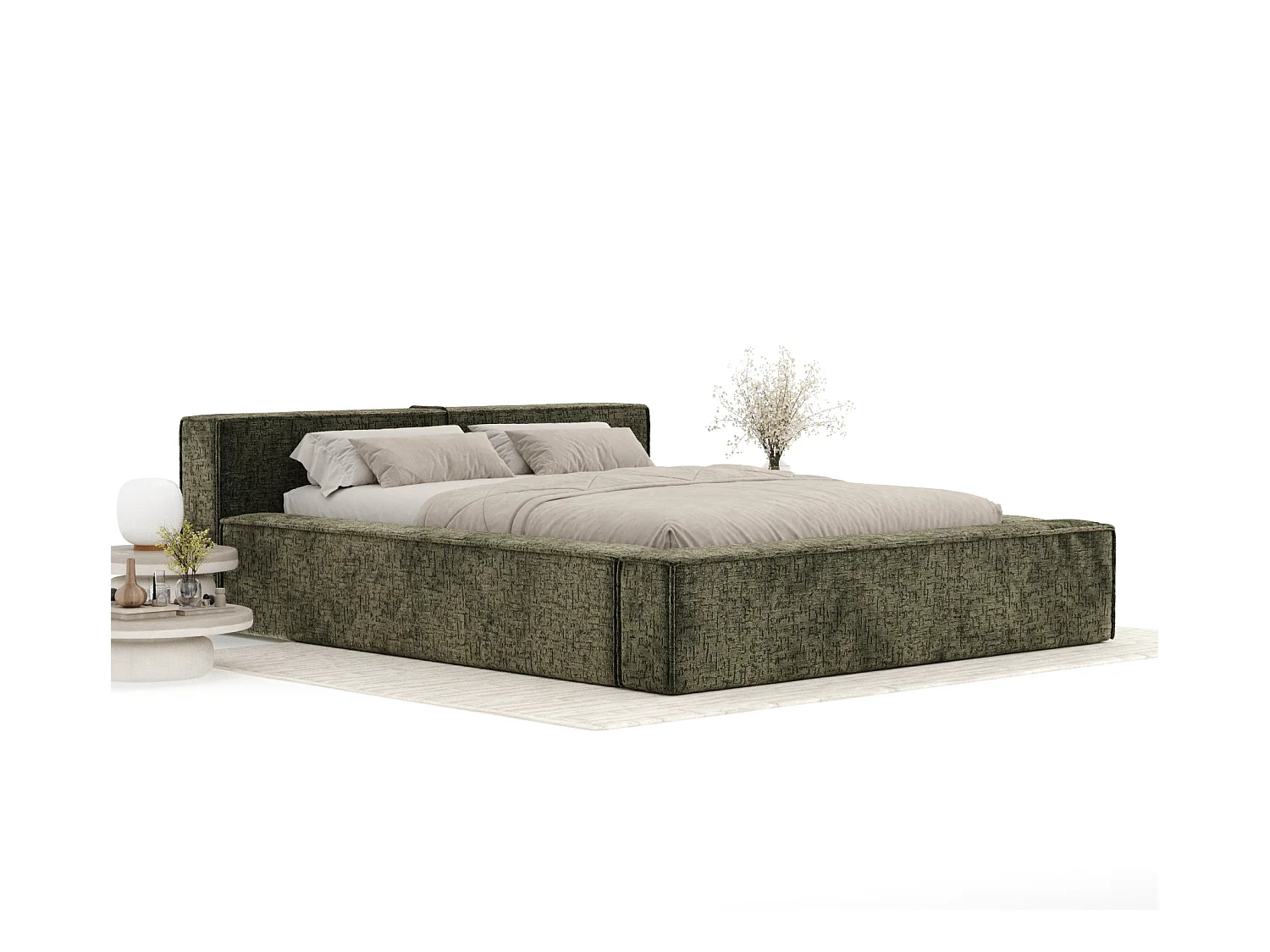 Lit coffre 160 x 200 cm avec tête de lit VOLIERA - en tissu chenille - vert olive