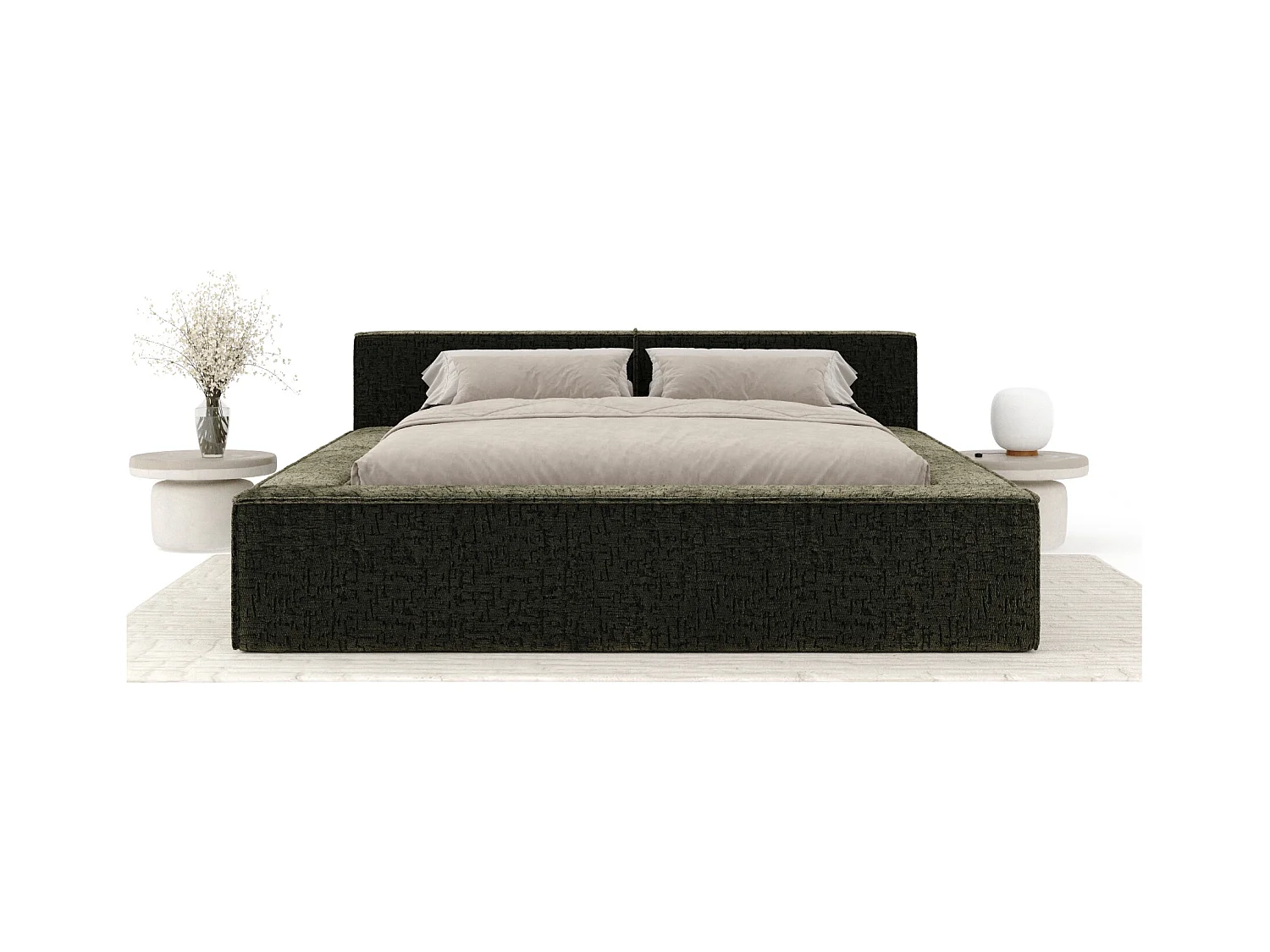 Lit coffre 160 x 200 cm avec tête de lit VOLIERA - en tissu chenille - vert olive