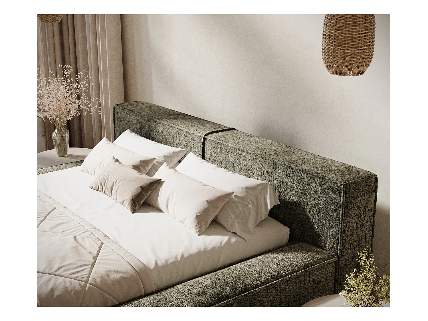 Lit coffre 160 x 200 cm avec tête de lit VOLIERA - en tissu chenille - vert olive