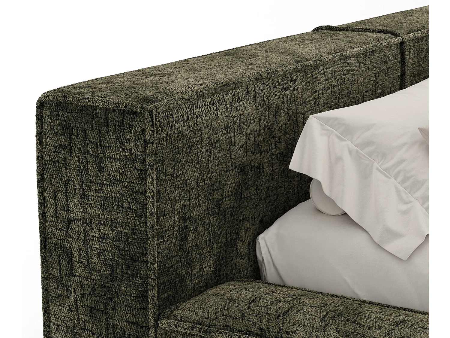 Lit coffre 160 x 200 cm avec tête de lit VOLIERA - en tissu chenille - vert olive