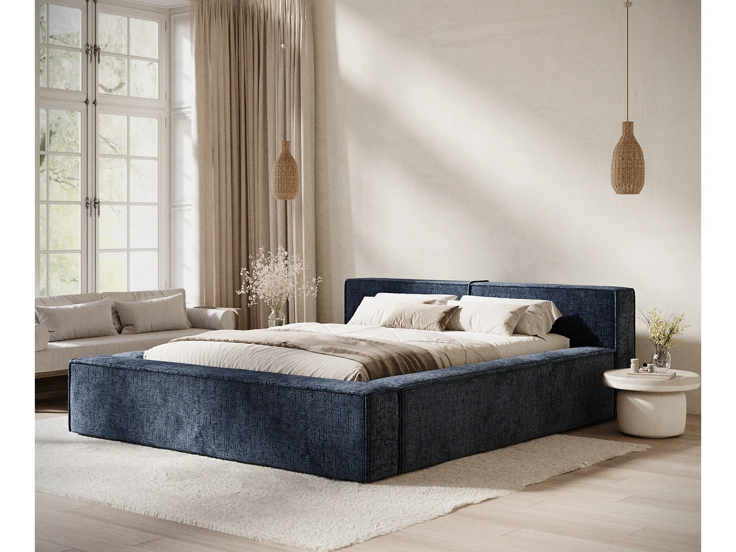 Lit coffre 200 x 200 cm avec tête de lit VOLIERA - en tissu chenille - bleu marine