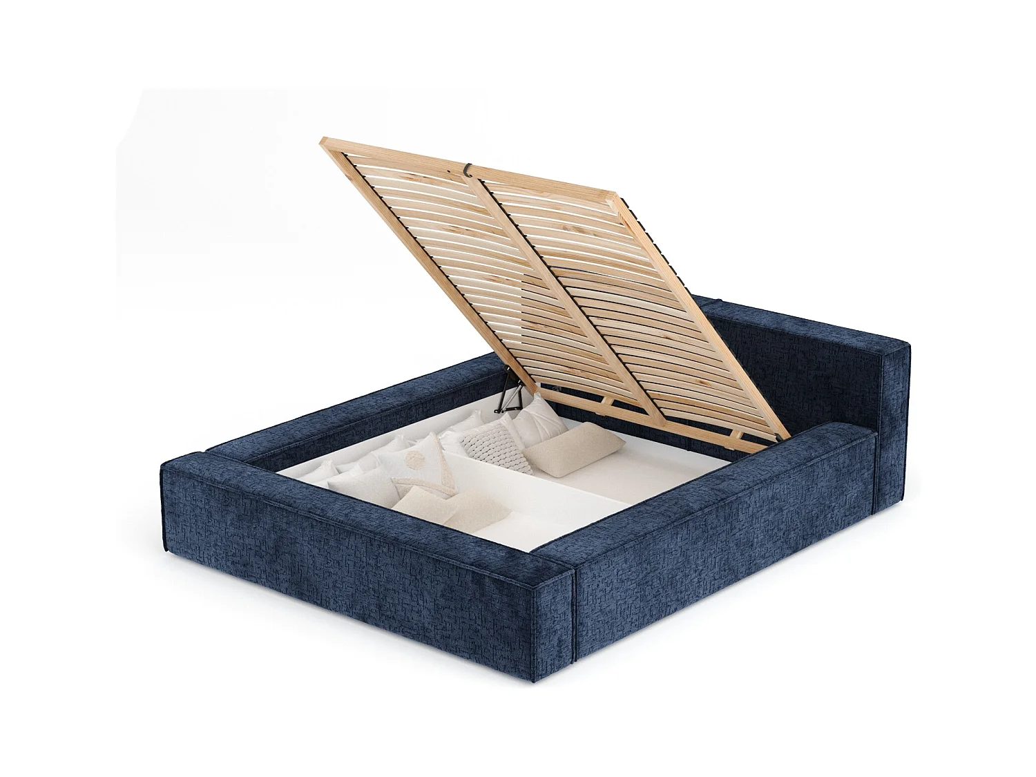 Lit coffre 200 x 200 cm avec tête de lit VOLIERA - en tissu chenille - bleu marine