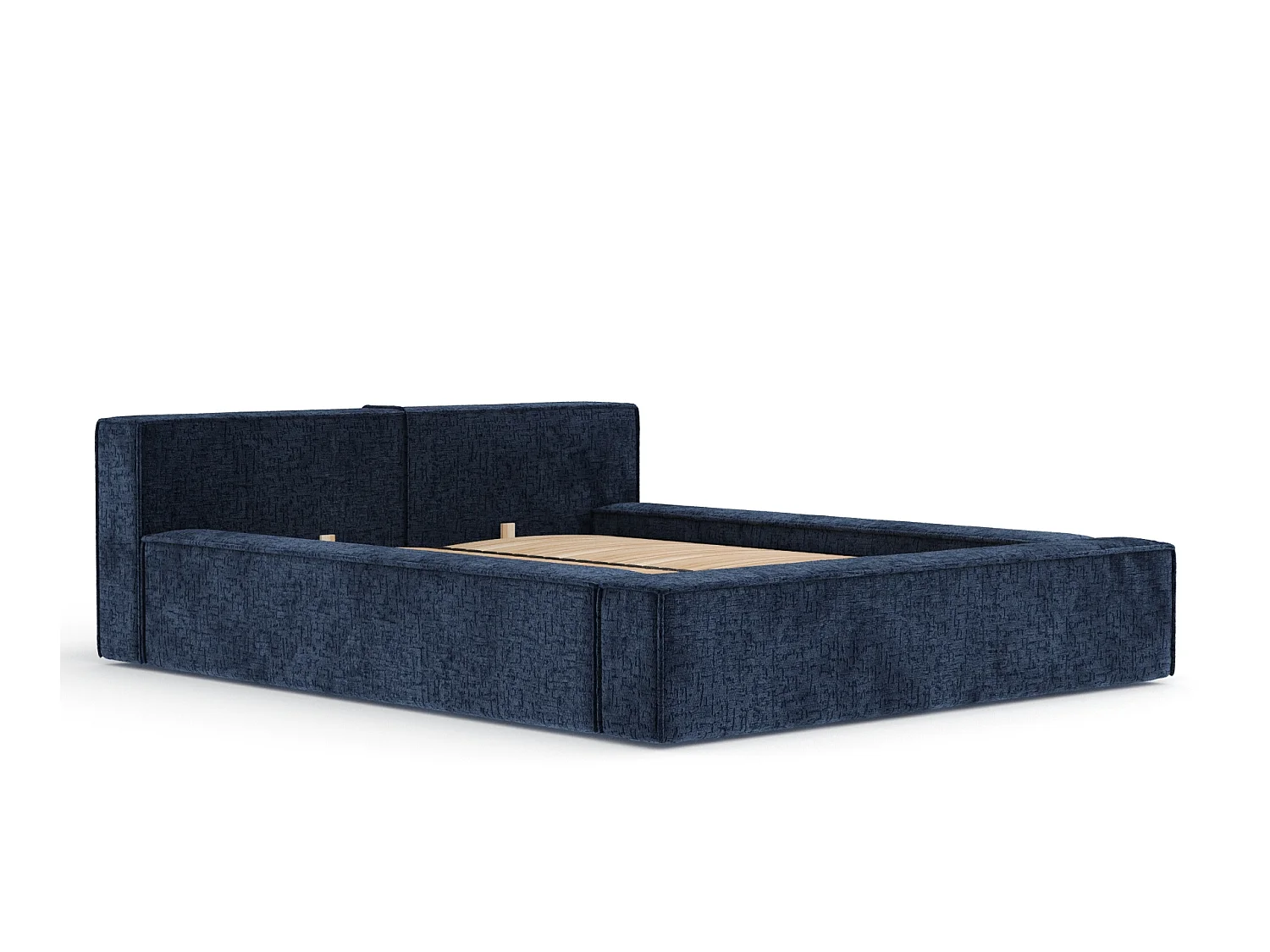 Bed met opbergruimte 200 x 200 cm met hoofdeinde VOLIERA - van chenille-stof - marineblauw