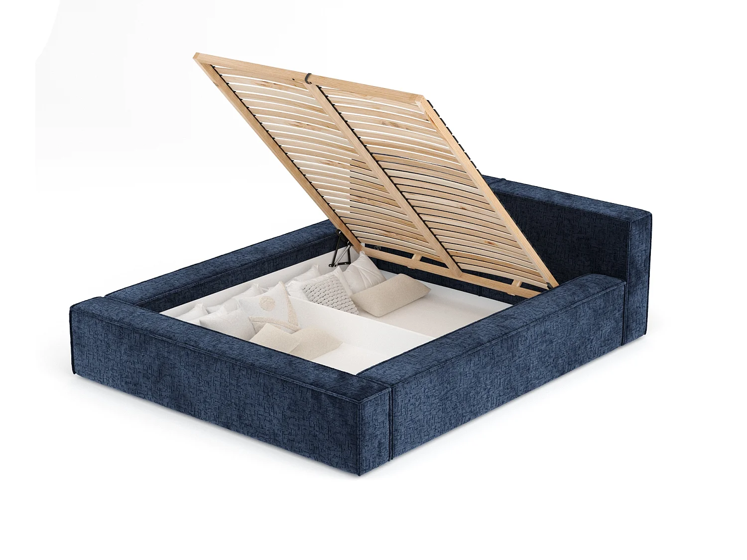Bed met opbergruimte 200 x 200 cm met hoofdeinde VOLIERA - van chenille-stof - marineblauw