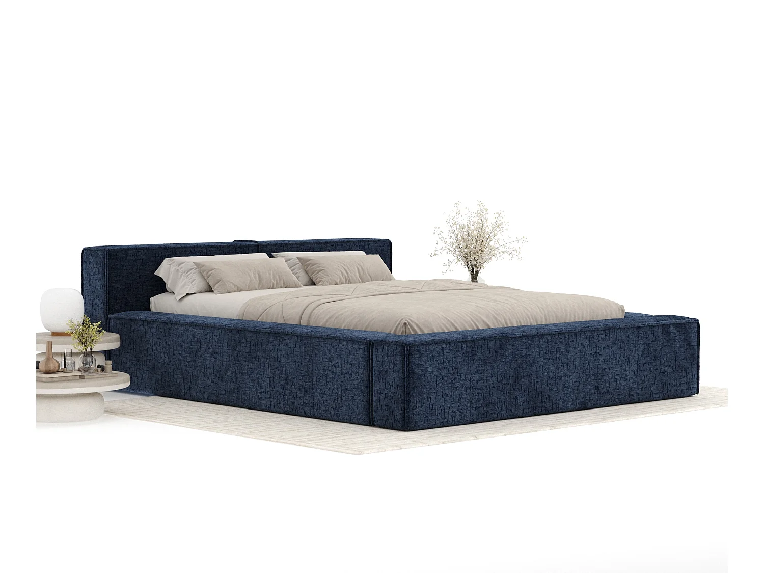 Bed met opbergruimte 200 x 200 cm met hoofdeinde VOLIERA - van chenille-stof - marineblauw