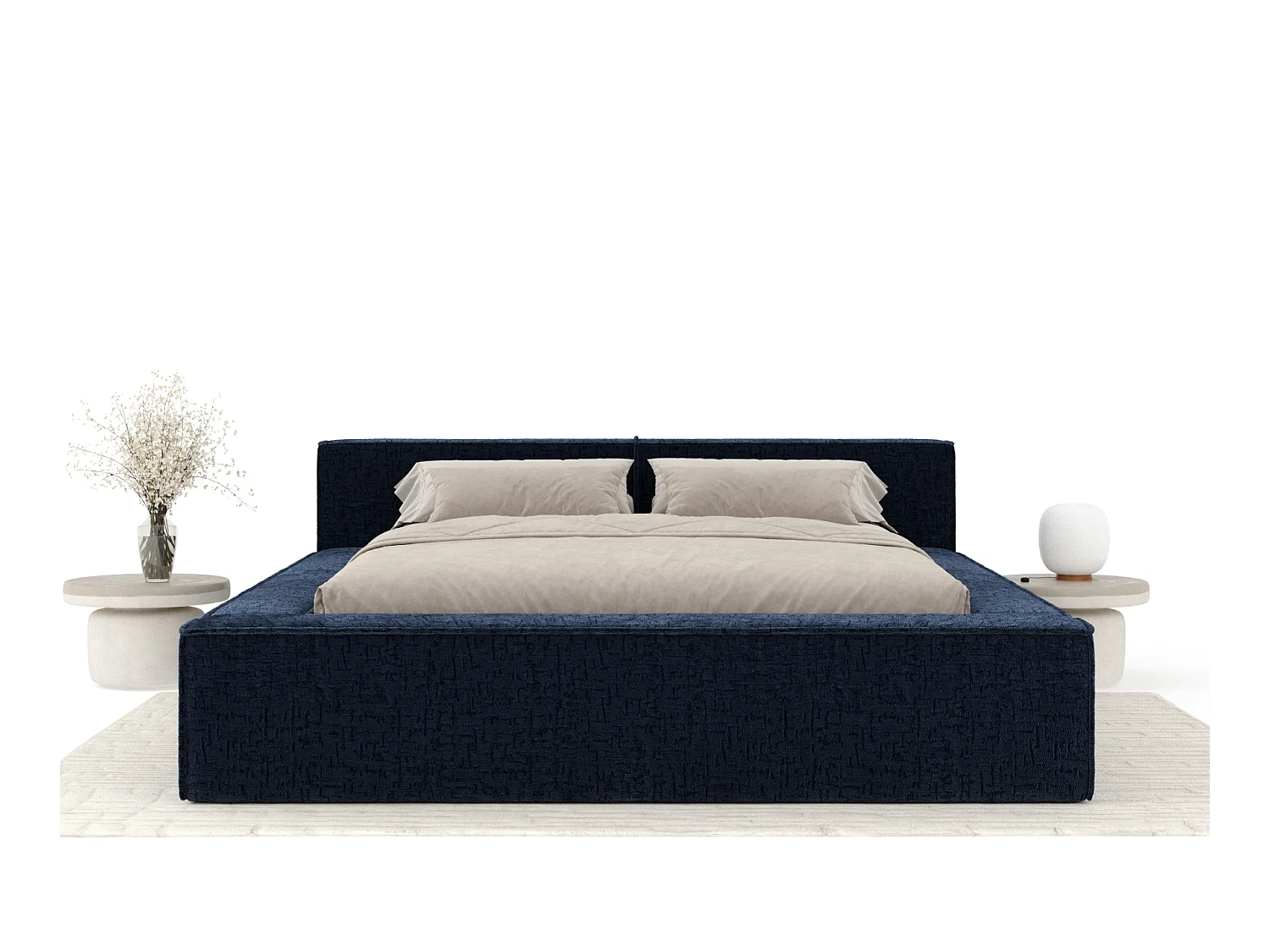 Bed met opbergruimte 200 x 200 cm met hoofdeinde VOLIERA - van chenille-stof - marineblauw