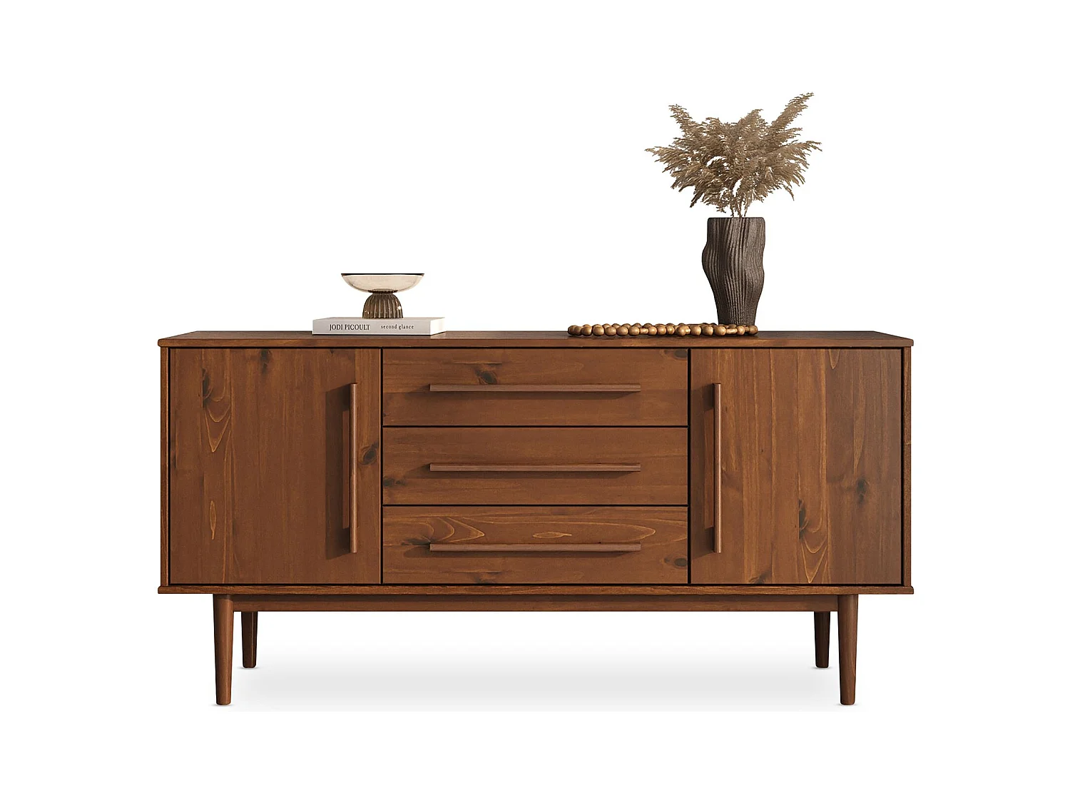 Buffet TECCA L 145 cm 2 Portes 3 Tiroirs en Bois Massif Coloris Châtaignier avec Étagères Réglables, Rangement Salon