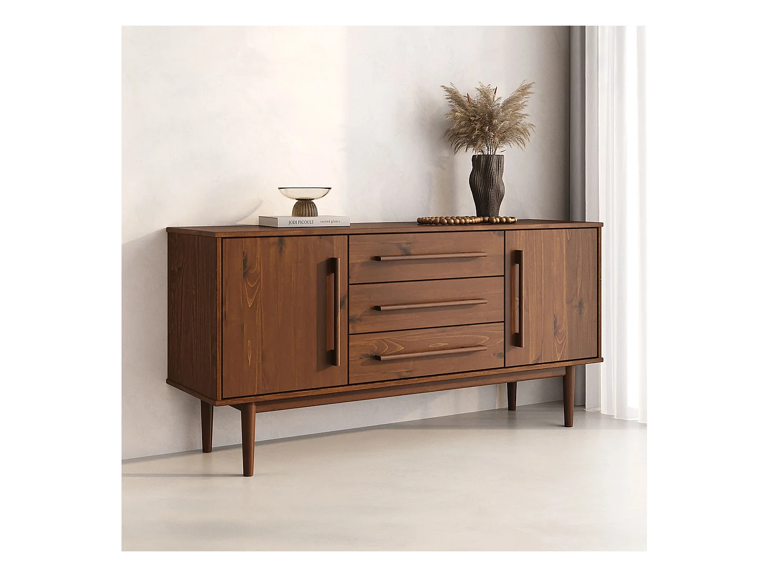 Buffet TECCA L 145 cm 2 Portes 3 Tiroirs en Bois Massif Coloris Châtaignier avec Étagères Réglables, Rangement Salon