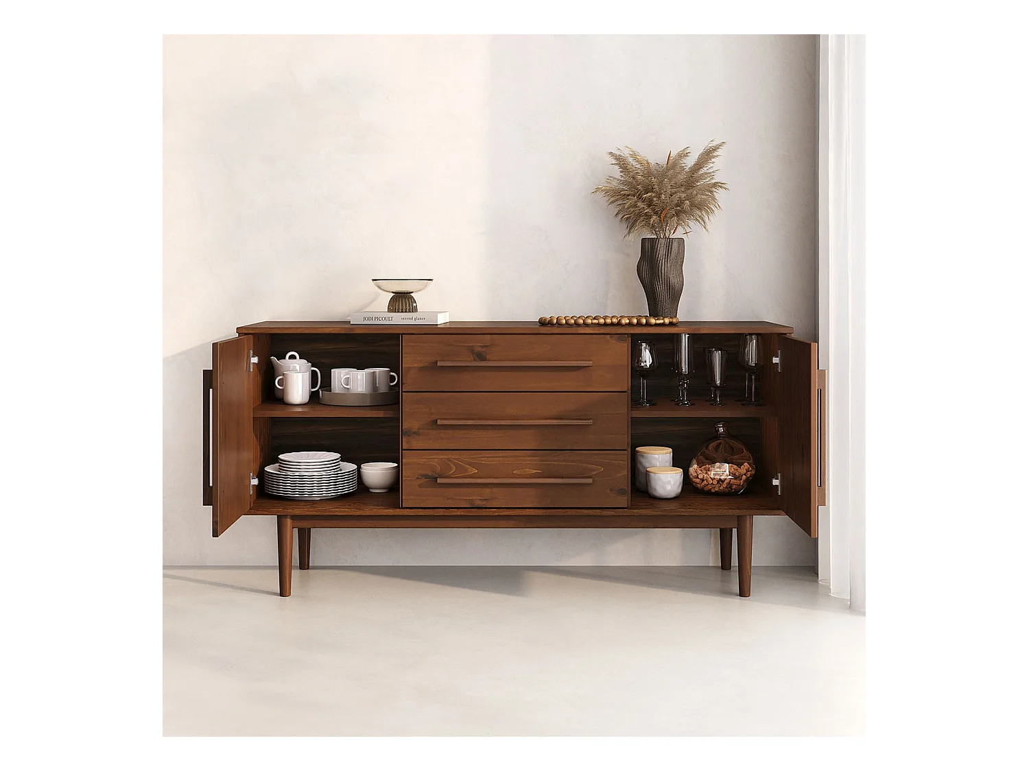 Buffet TECCA L 145 cm 2 Portes 3 Tiroirs en Bois Massif Coloris Châtaignier avec Étagères Réglables, Rangement Salon