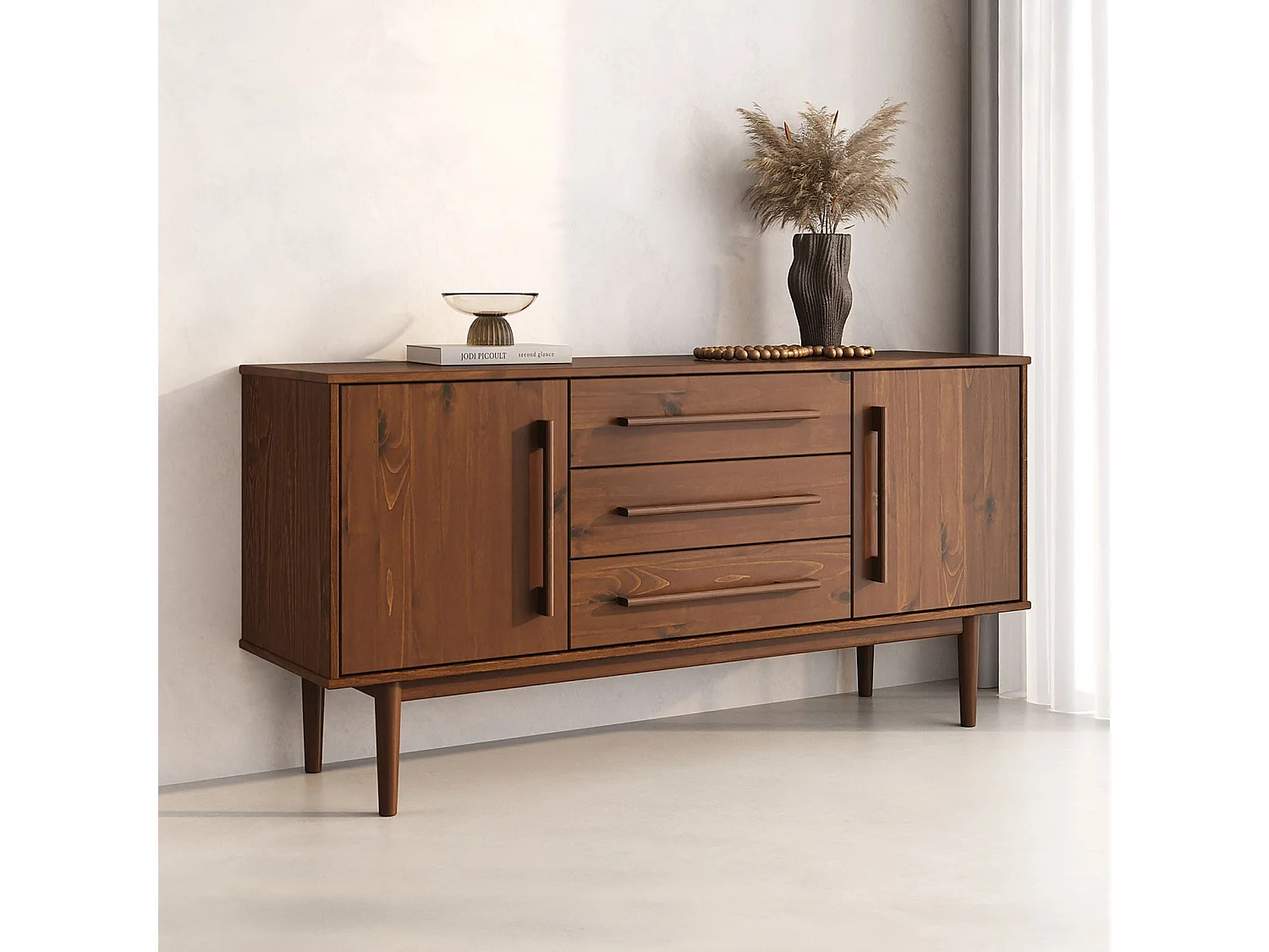 Buffet TECCA L 145 cm 2 Portes 3 Tiroirs en Bois Massif Coloris Châtaignier avec Étagères Réglables, Rangement Salon